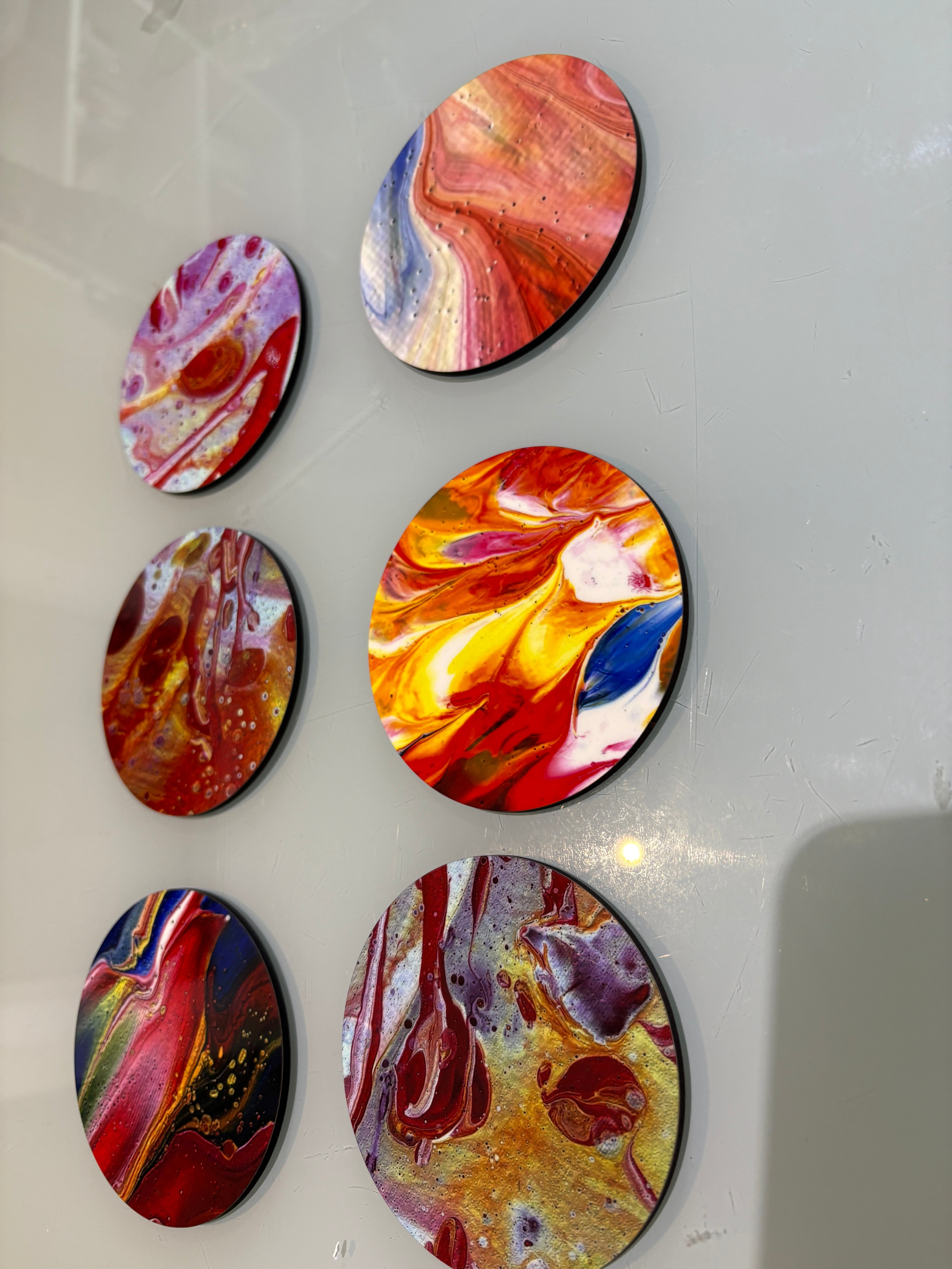 Set B of 6 Bright original design abstract Art drink coasters (10cm)