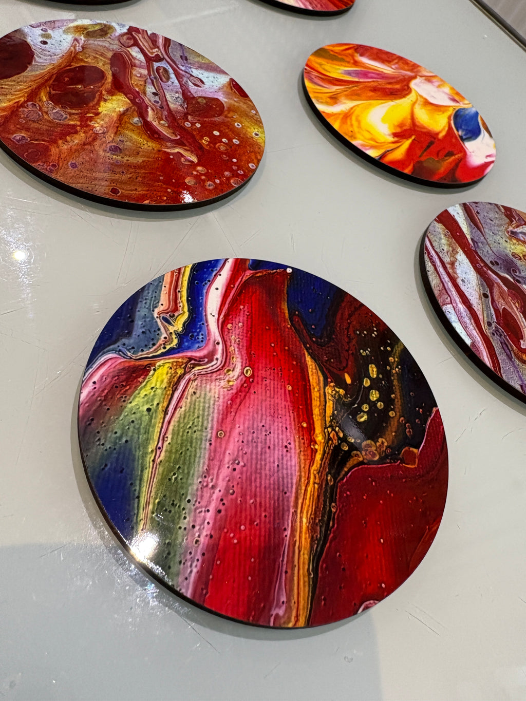 Set B of 6 Bright original design abstract Art drink coasters (10cm)