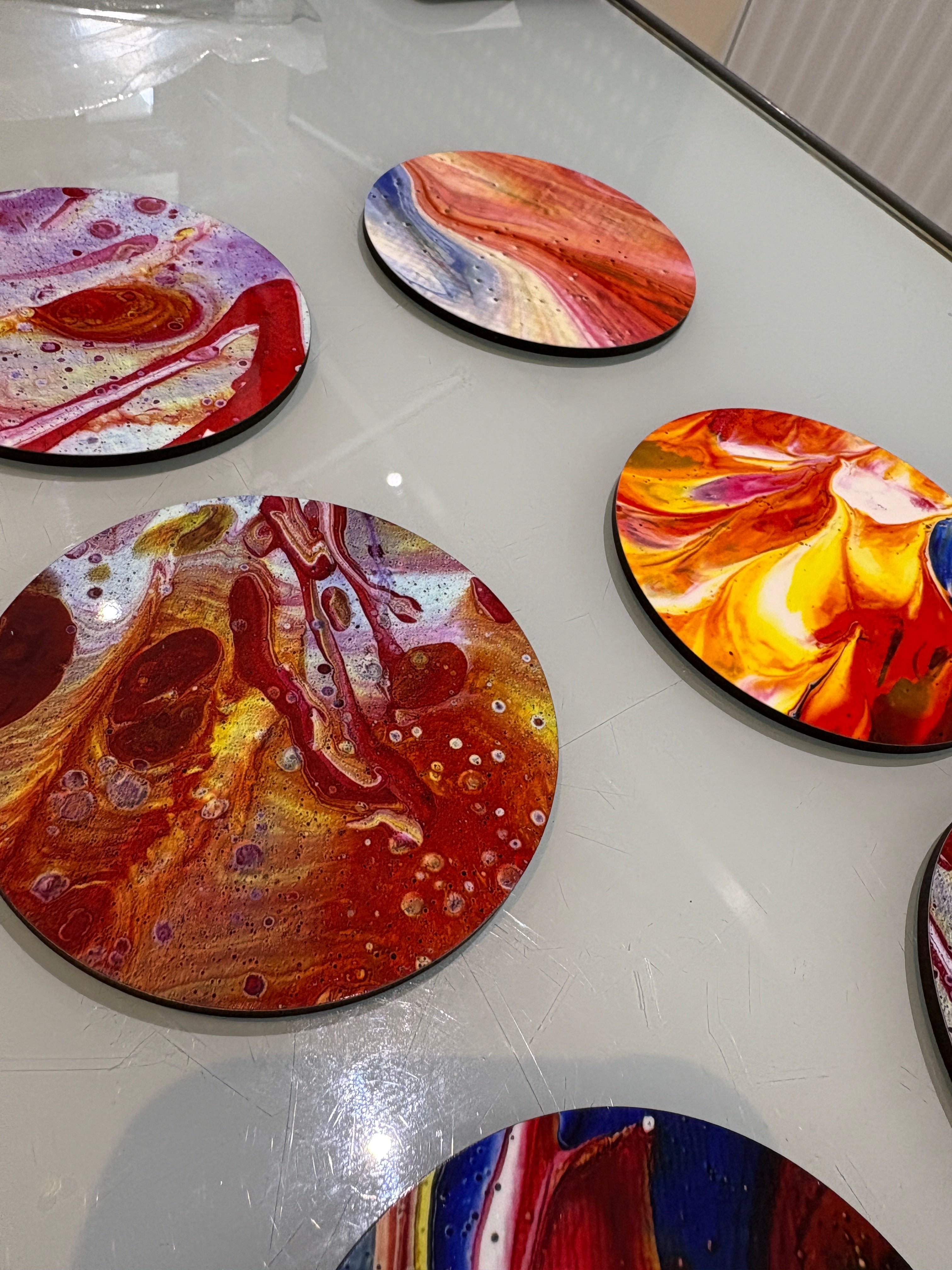 Set B of 6 Bright original design abstract Art drink coasters (10cm)