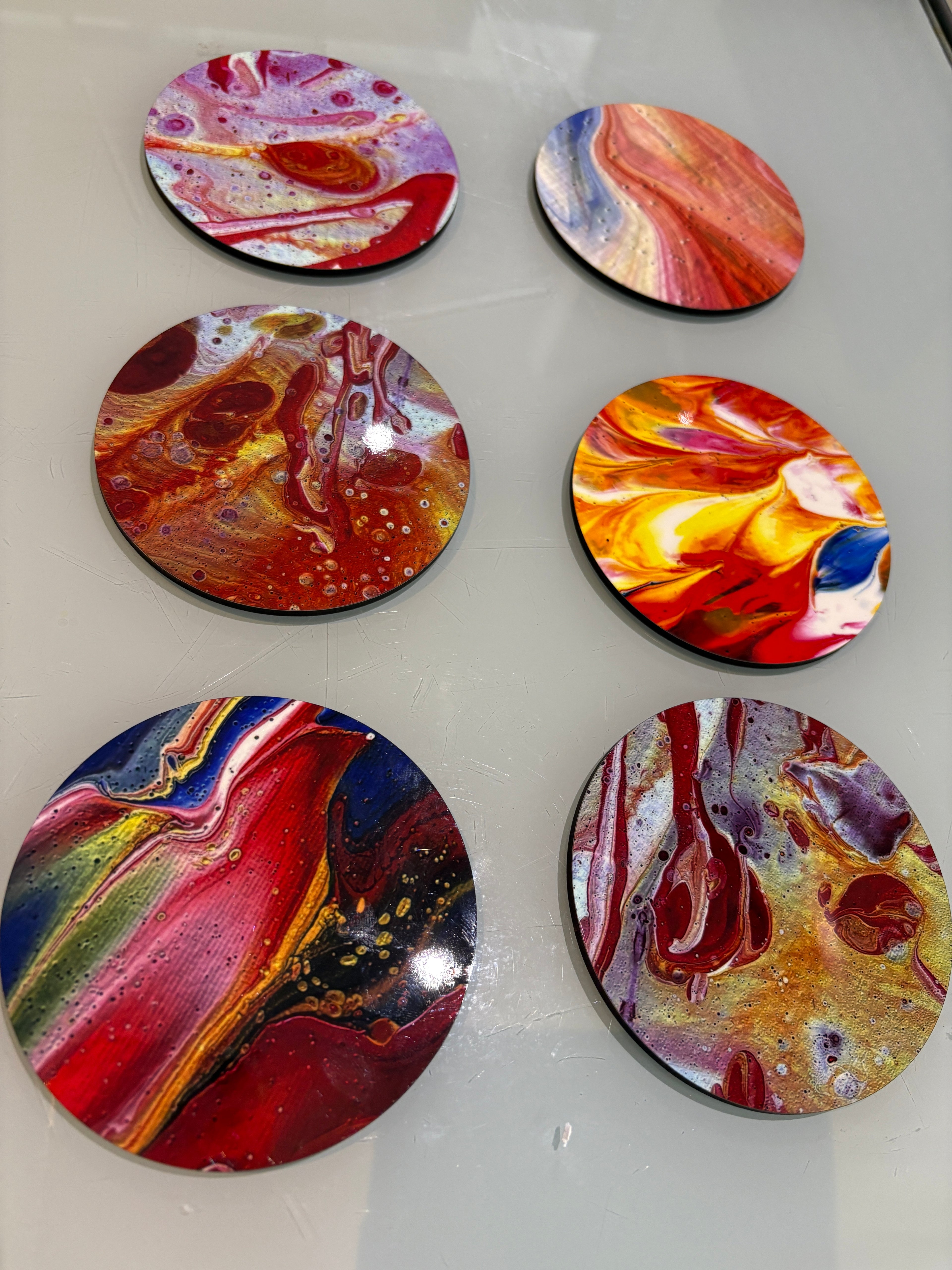 Set B of 6 Bright original design abstract Art drink coasters (10cm)