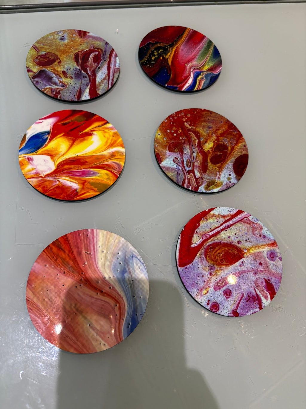 Set B of 6 Bright original design abstract Art drink coasters (10cm)