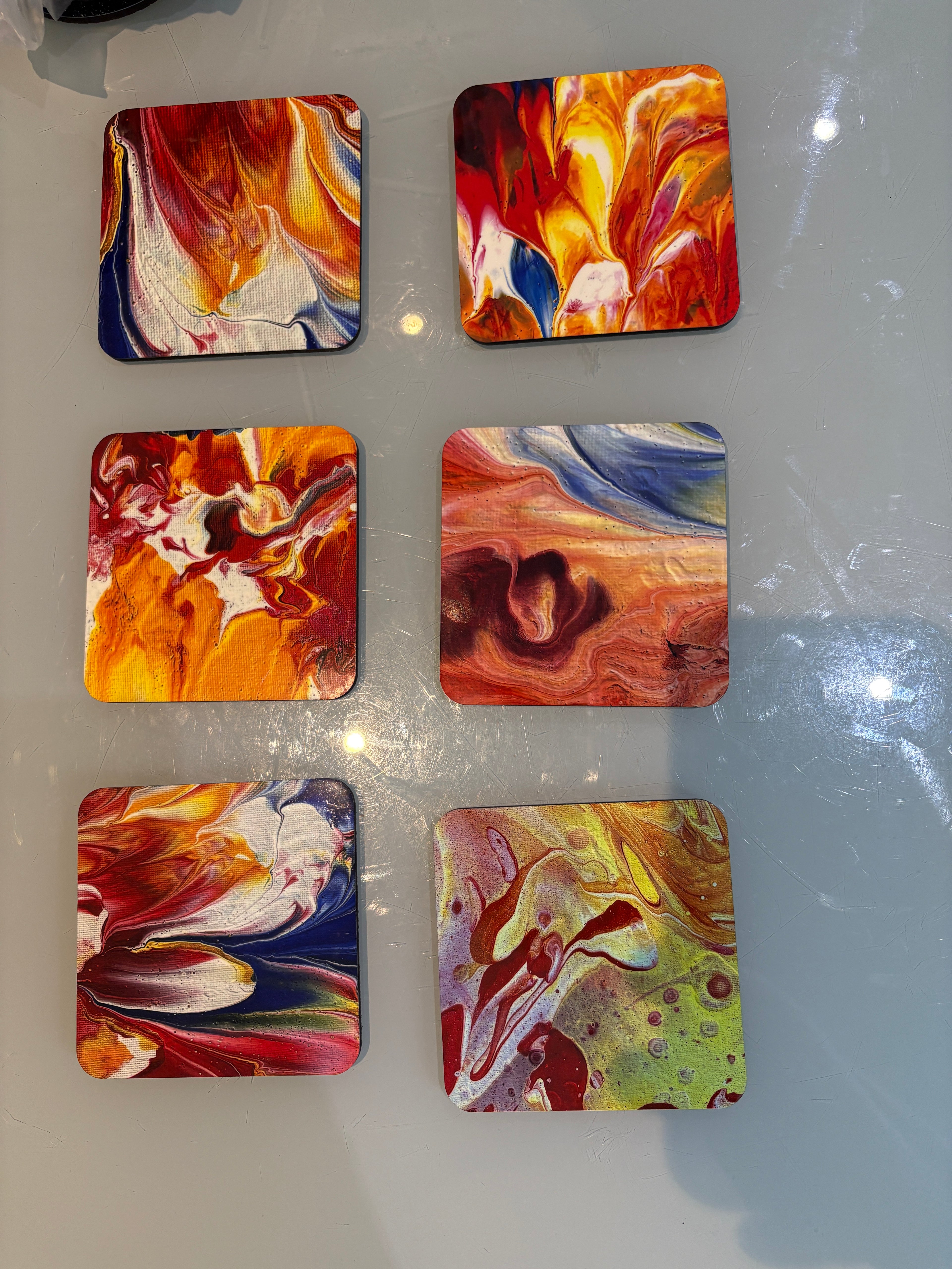 Set C of 6 Bright original design abstract Art square drink coasters 10cm