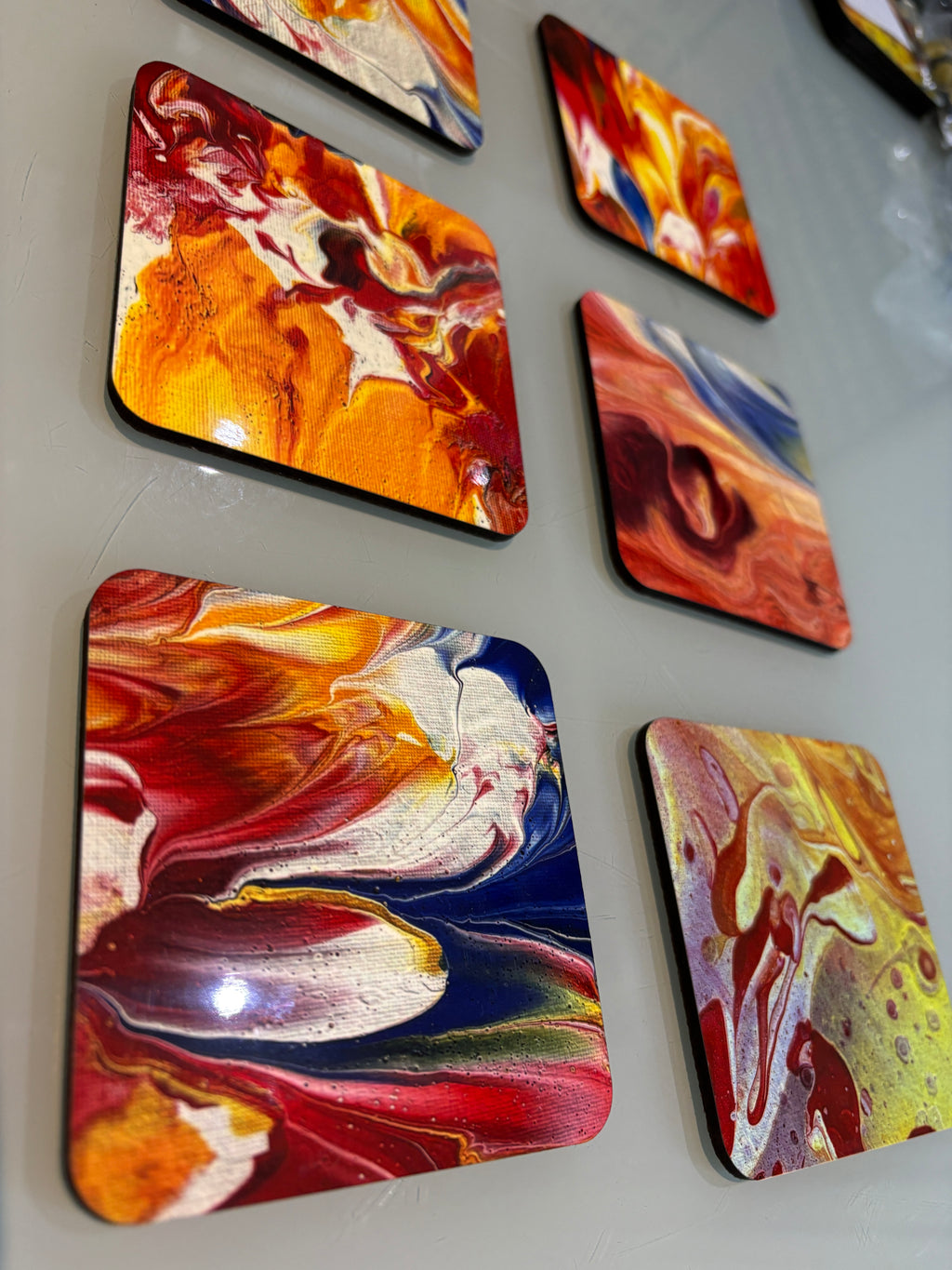 Set C of 6 Bright original design abstract Art square drink coasters 10cm
