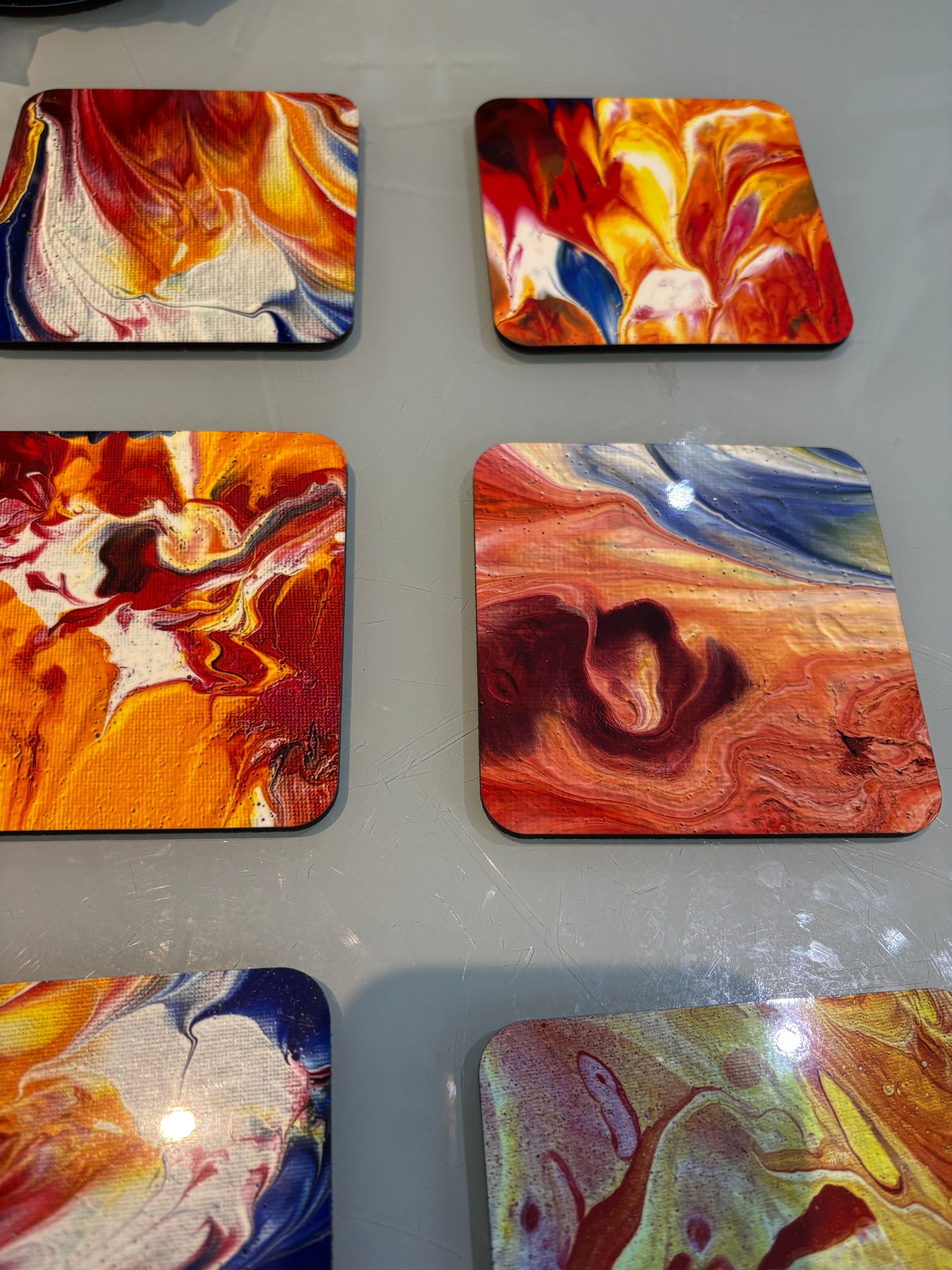 Set C of 6 Bright original design abstract Art square drink coasters 10cm