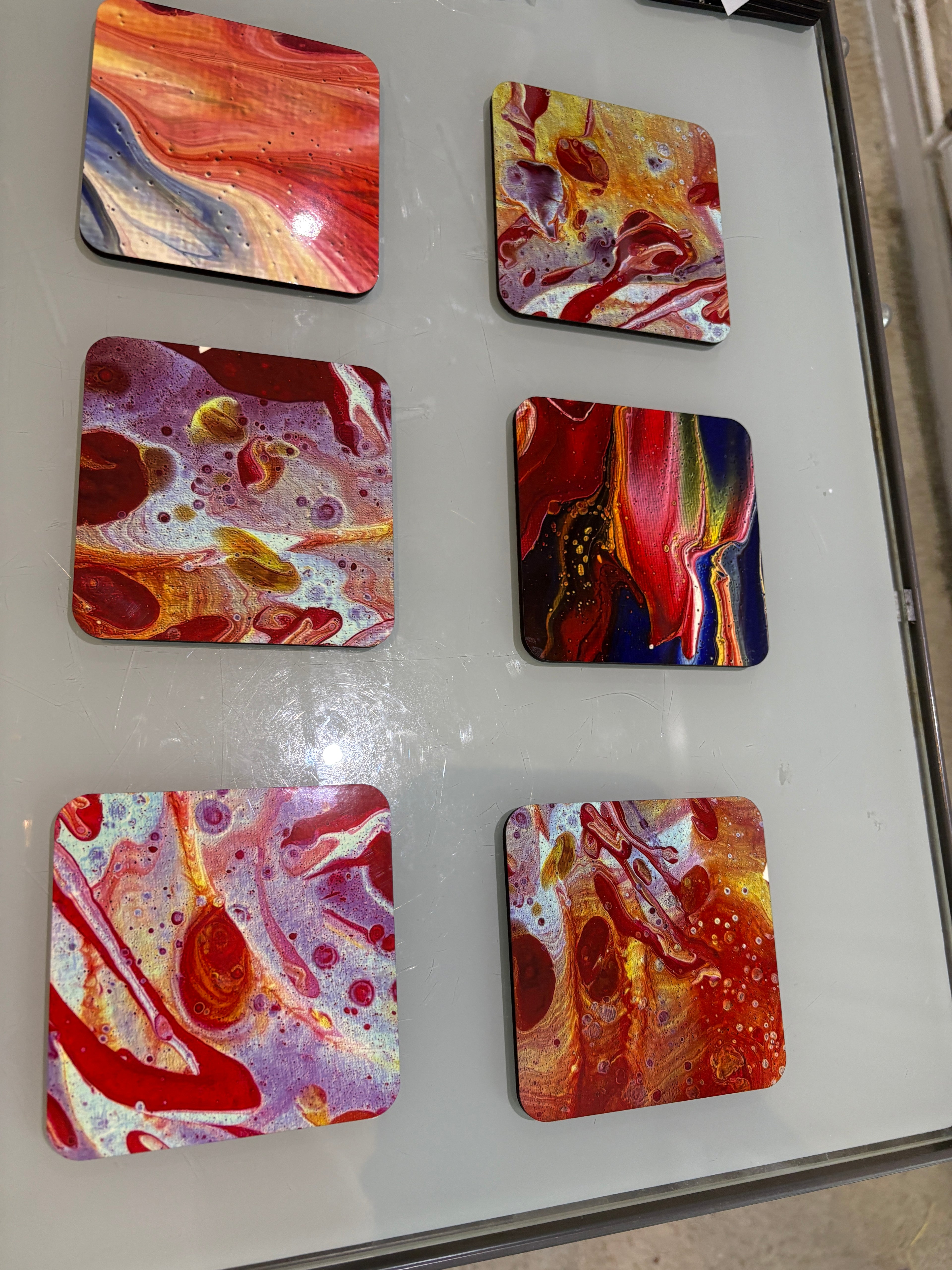 Set D of 6 Bright original design abstract Art square drink coasters 10cm