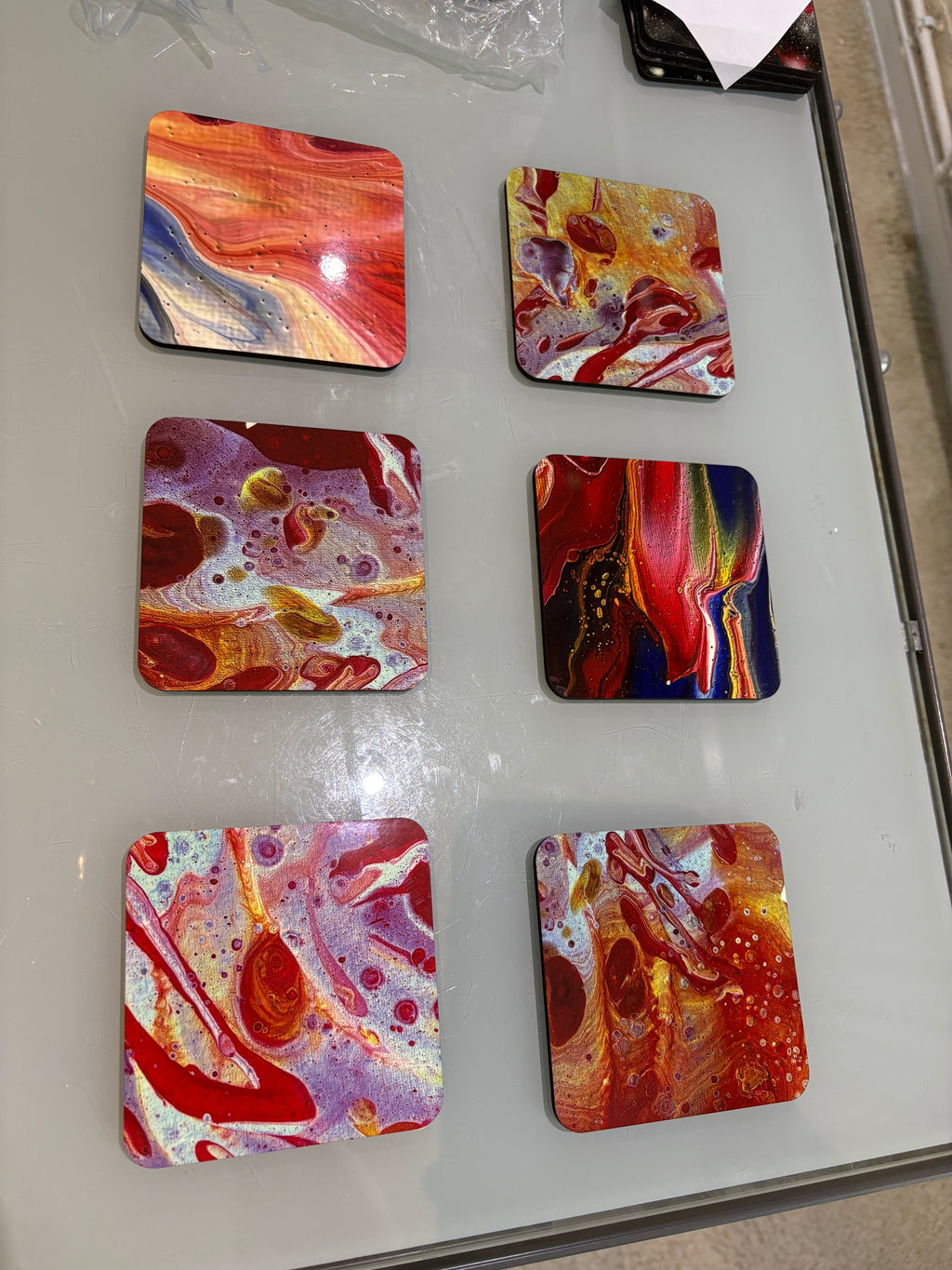 Set D of 6 Bright original design abstract Art square drink coasters 10cm