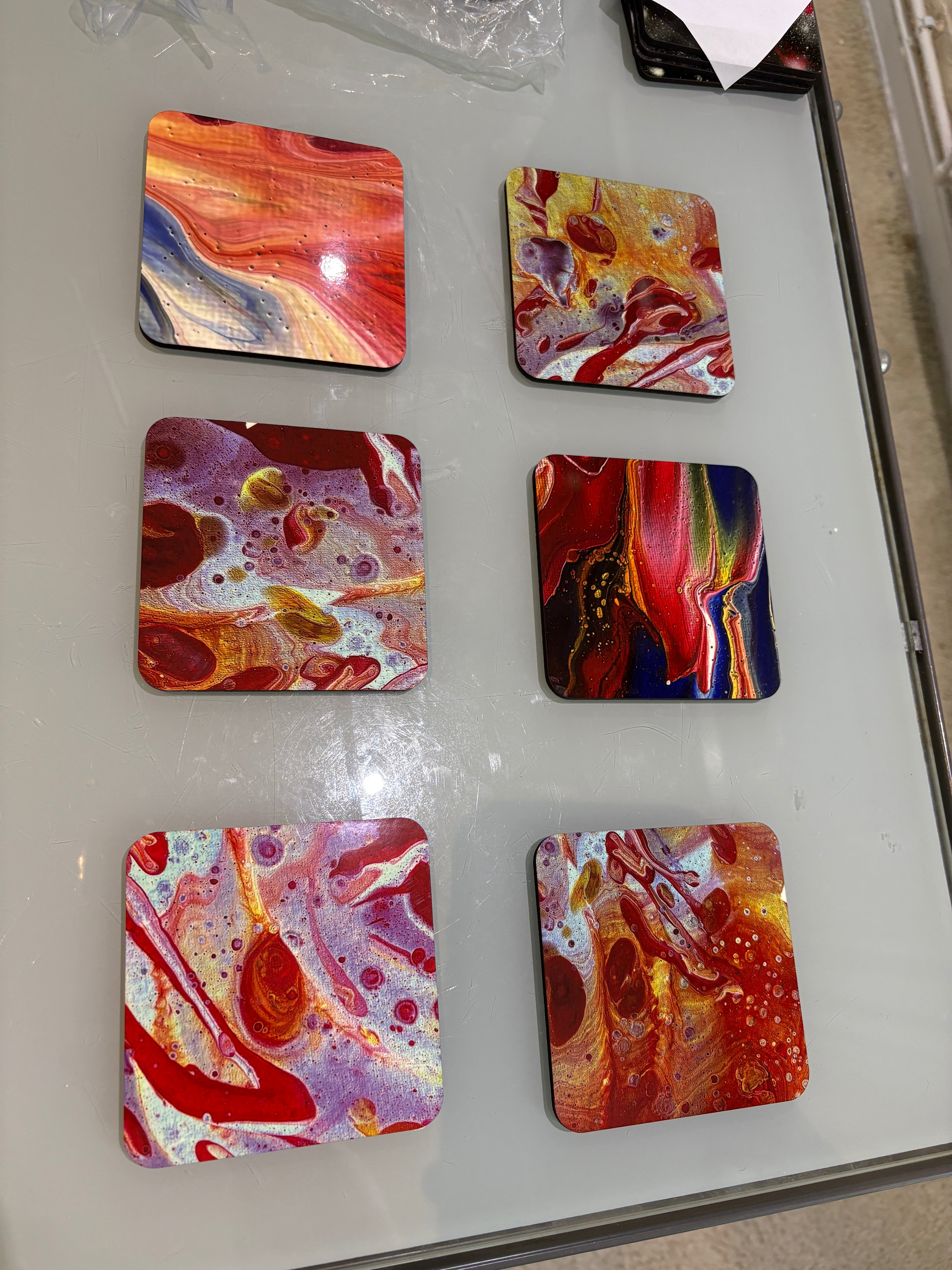 Set D of 6 Bright original design abstract Art square drink coasters 10cm