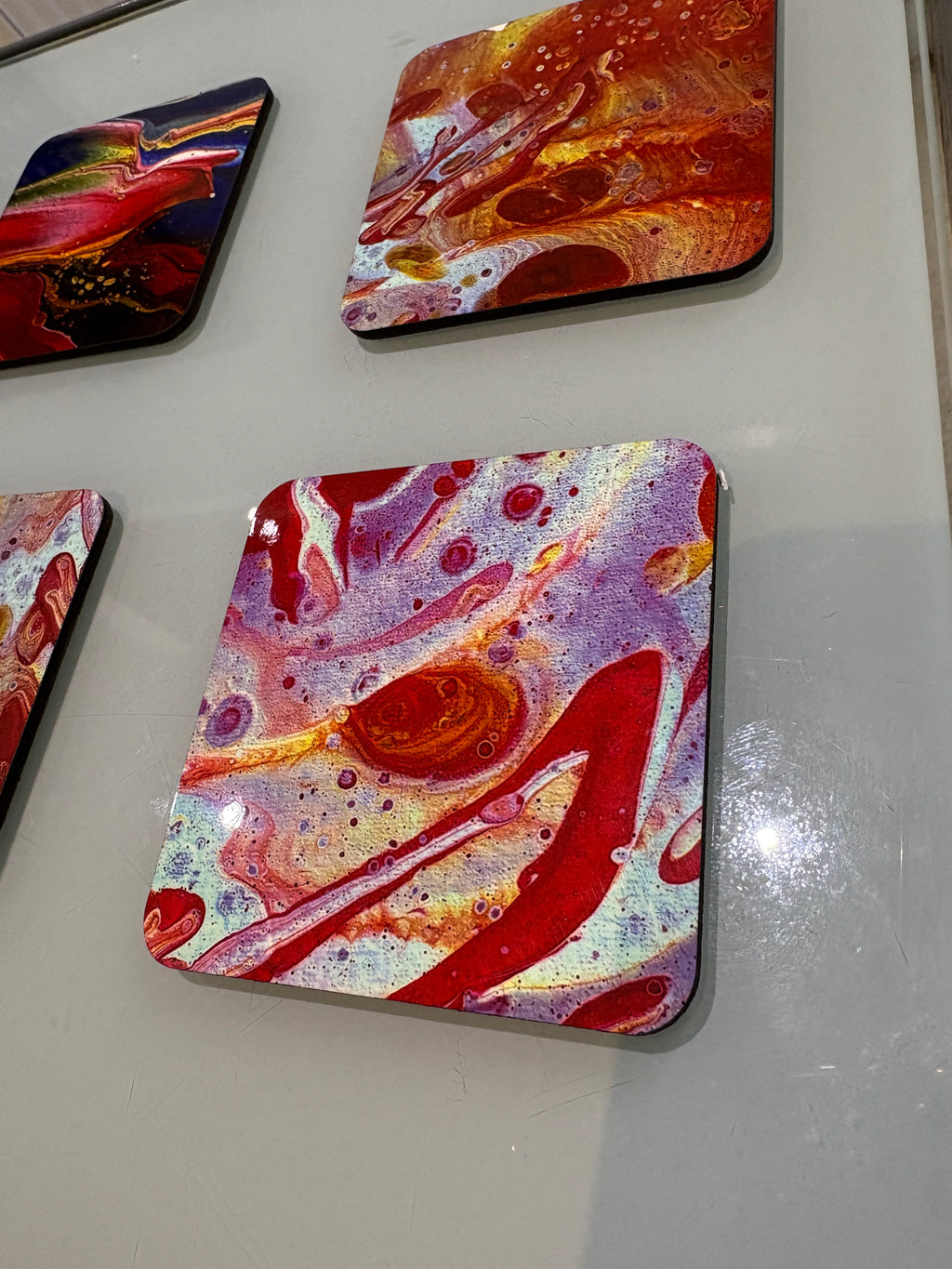 Set D of 6 Bright original design abstract Art square drink coasters 10cm