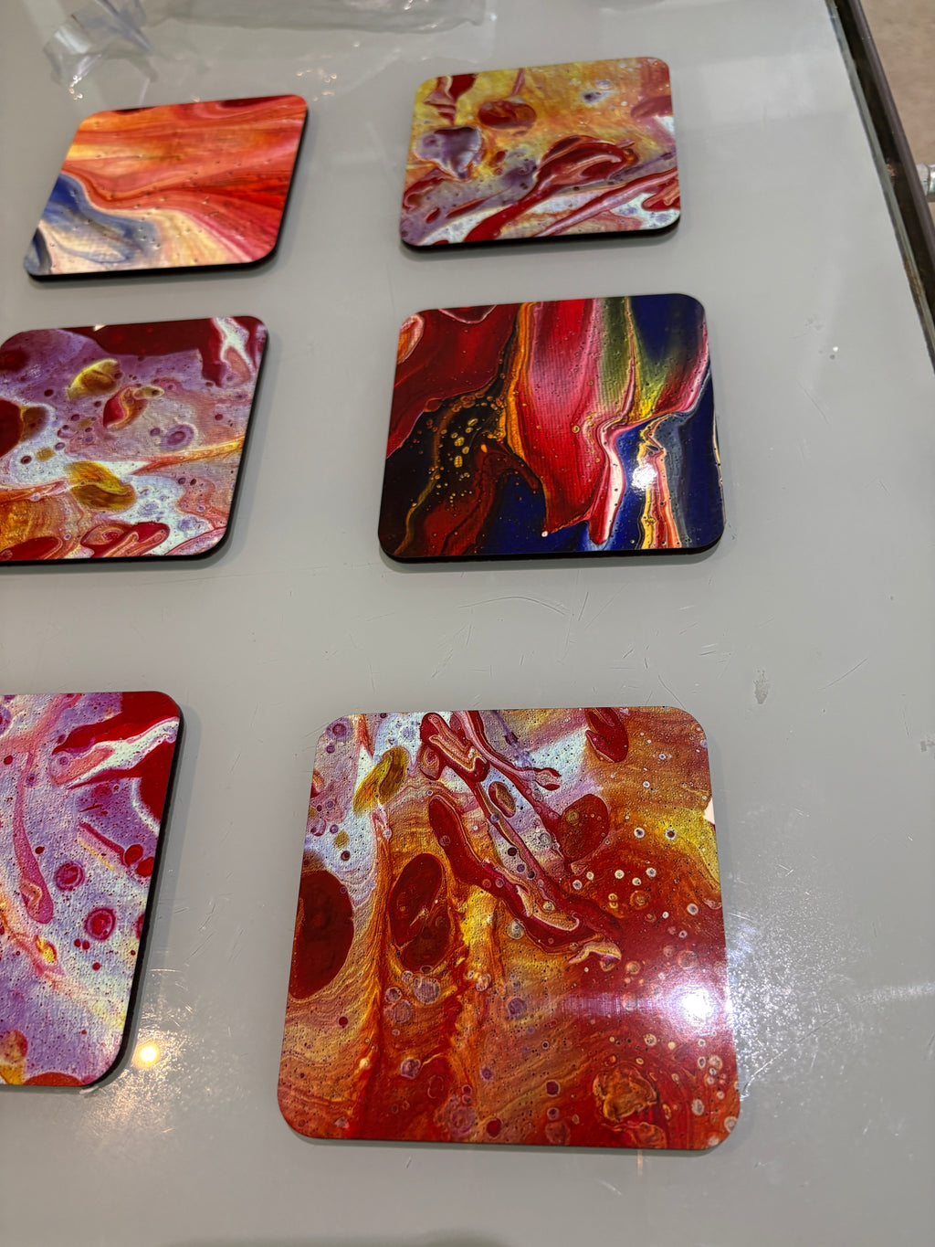 Set D of 6 Bright original design abstract Art square drink coasters 10cm