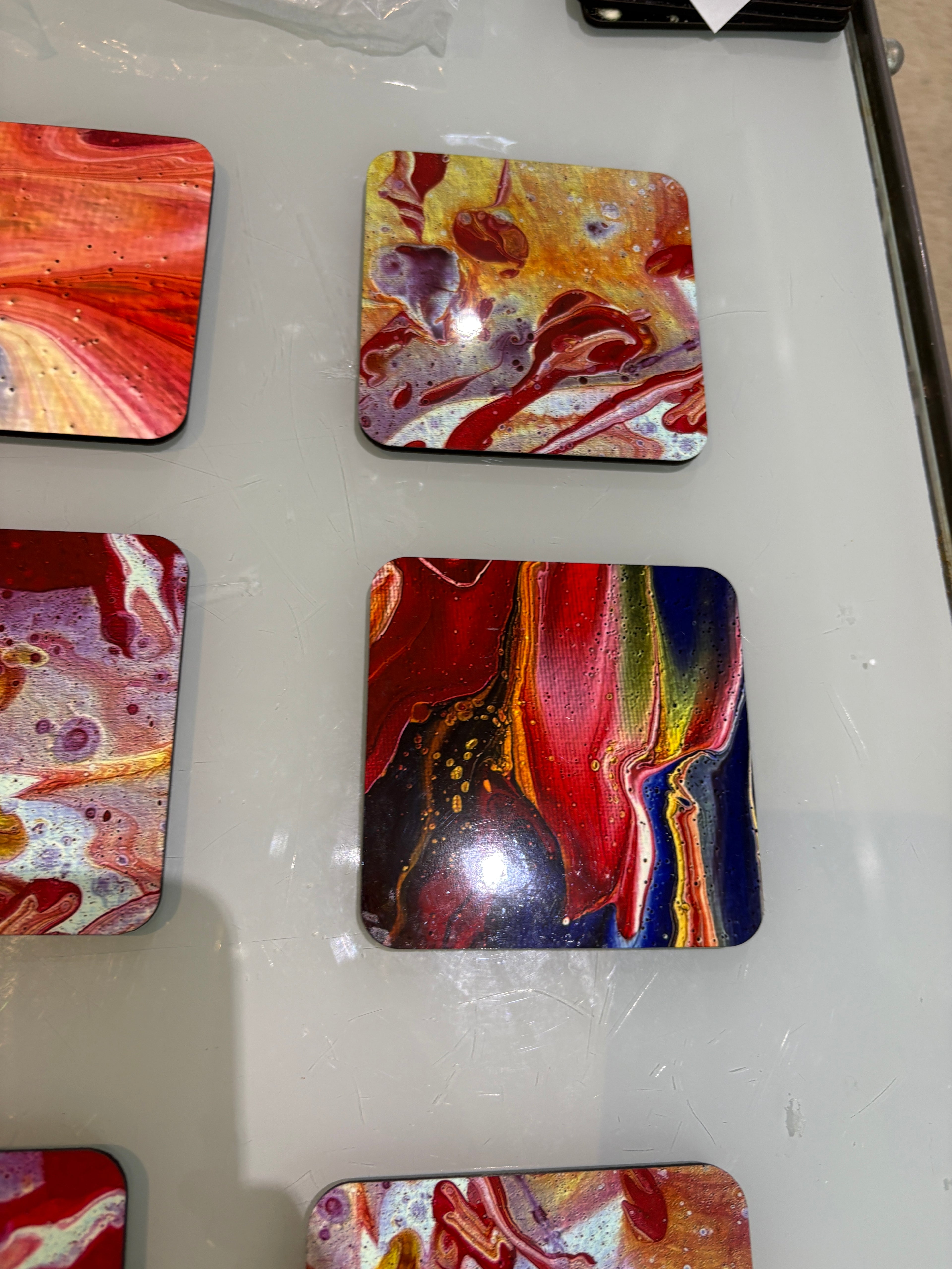 Set D of 6 Bright original design abstract Art square drink coasters 10cm