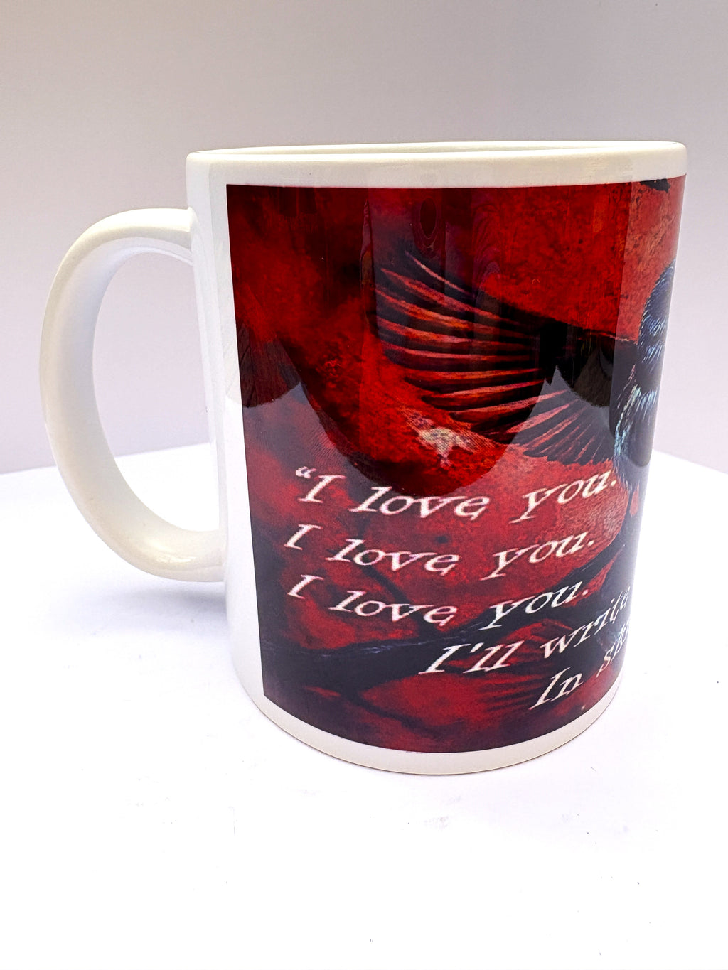This is How You Lose the Time War inspired printed mug, from original art work, striking red-and-blue bird illustration, quote
