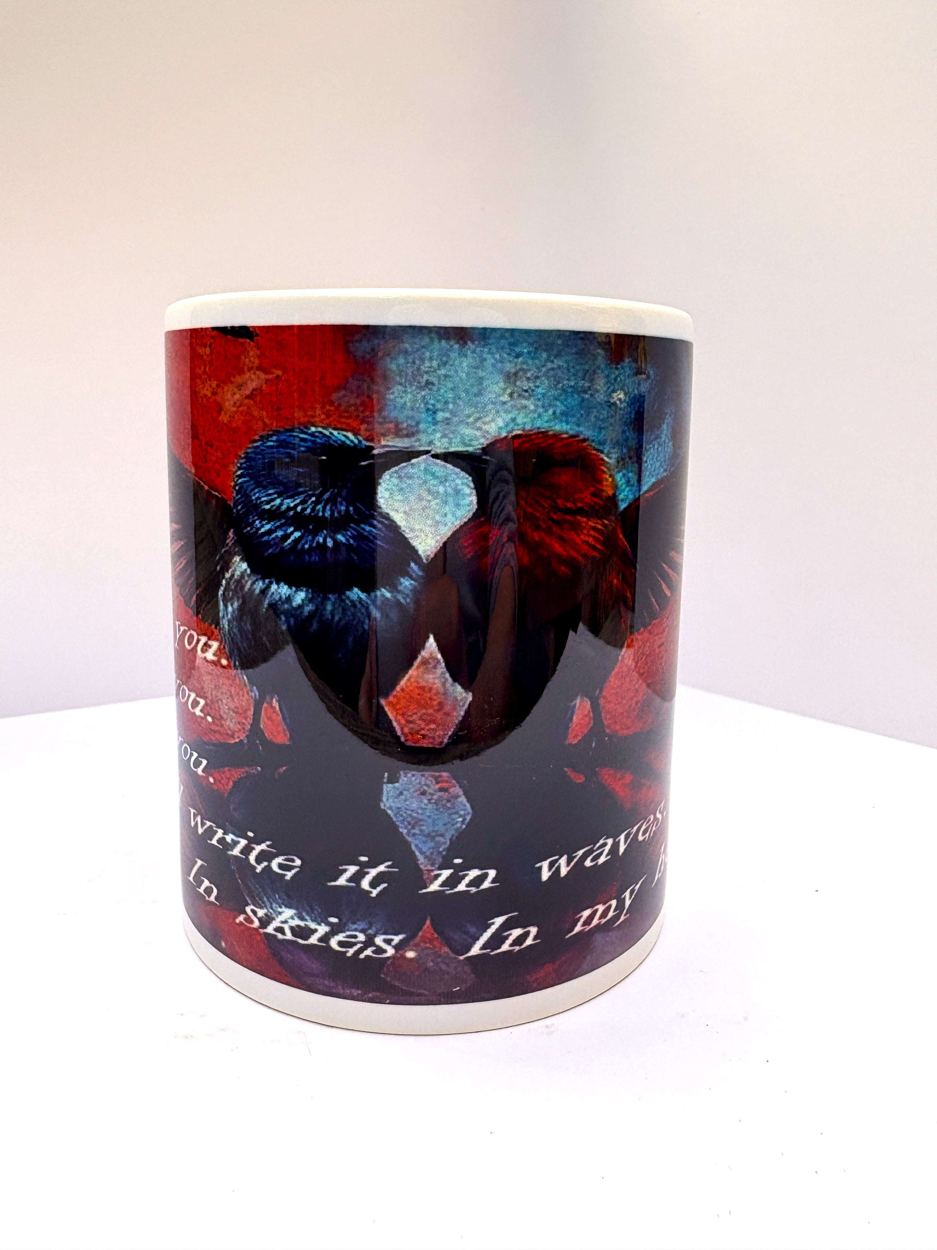 This is How You Lose the Time War inspired printed mug, from original art work, striking red-and-blue bird illustration, quote