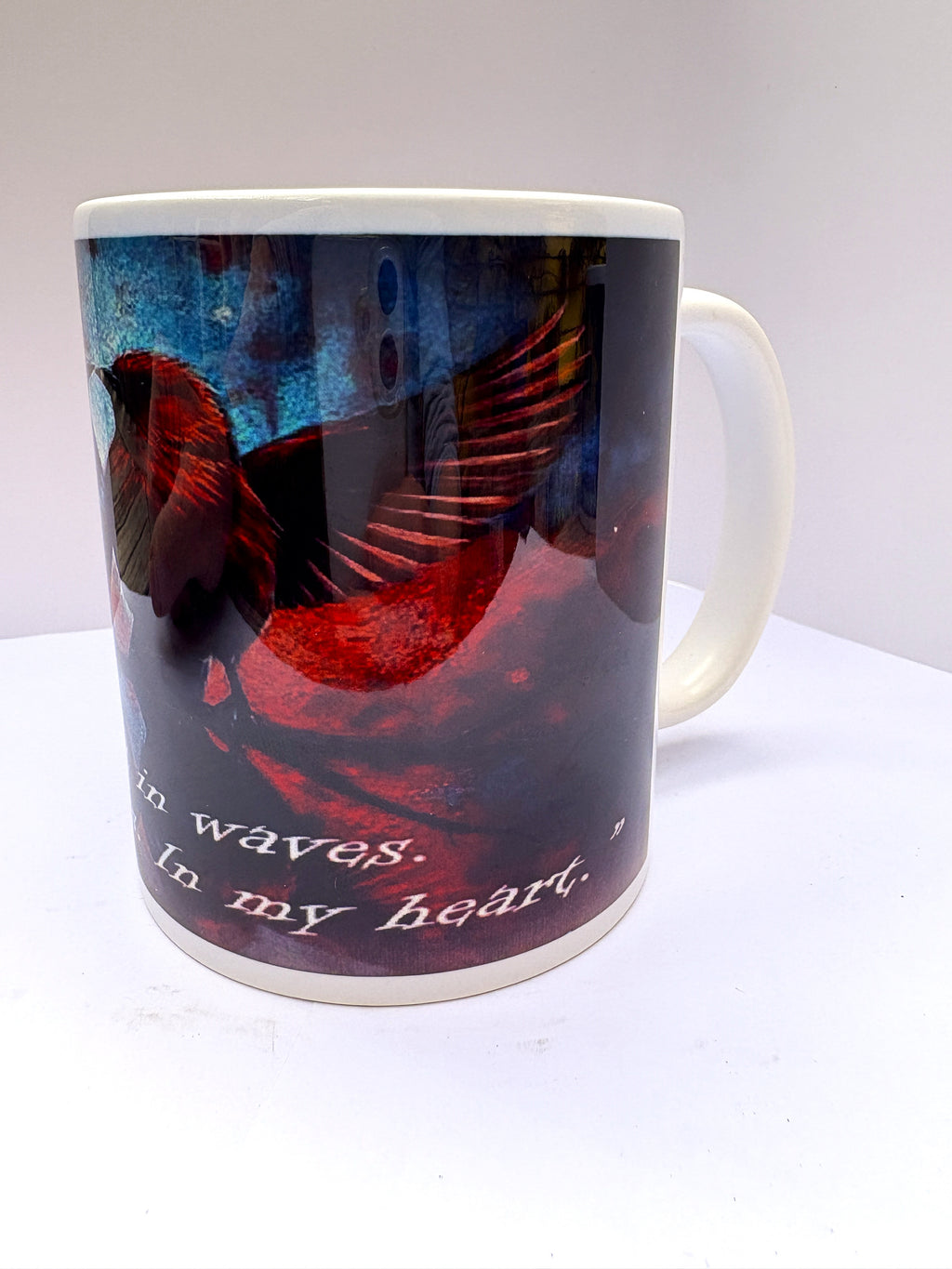 This is How You Lose the Time War inspired printed mug, from original art work, striking red-and-blue bird illustration, quote