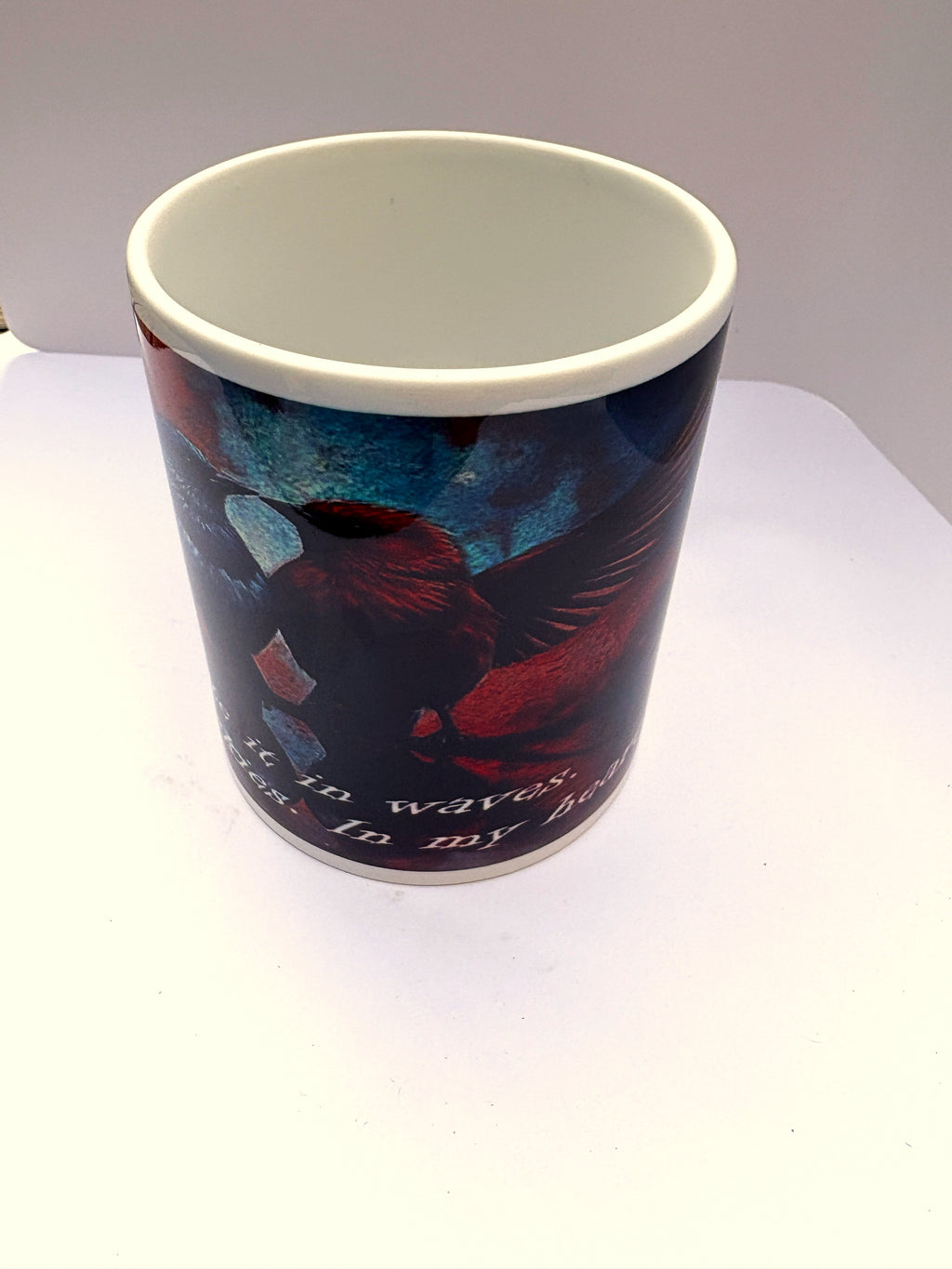 This is How You Lose the Time War inspired printed mug, from original art work, striking red-and-blue bird illustration, quote