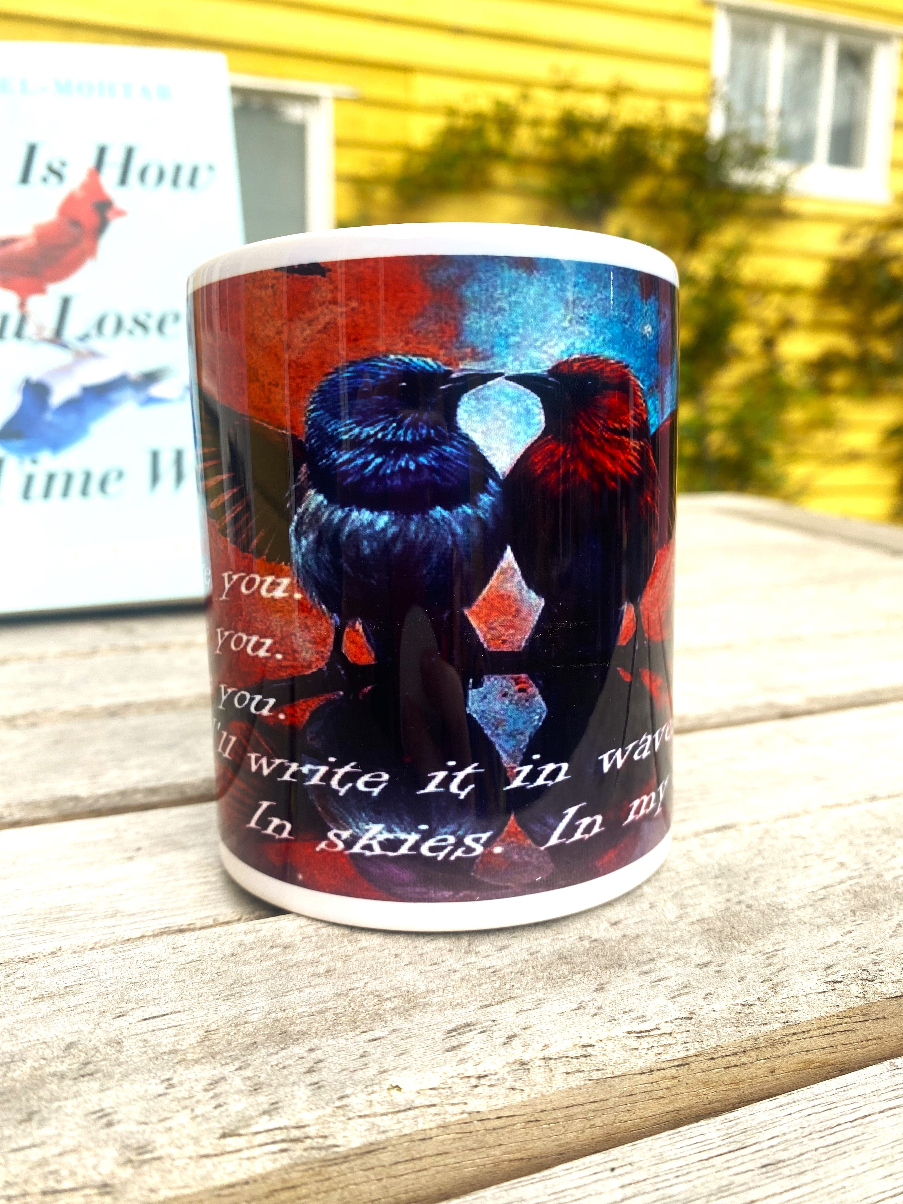 This is How You Lose the Time War inspired printed mug, from original art work, striking red-and-blue bird illustration, quote