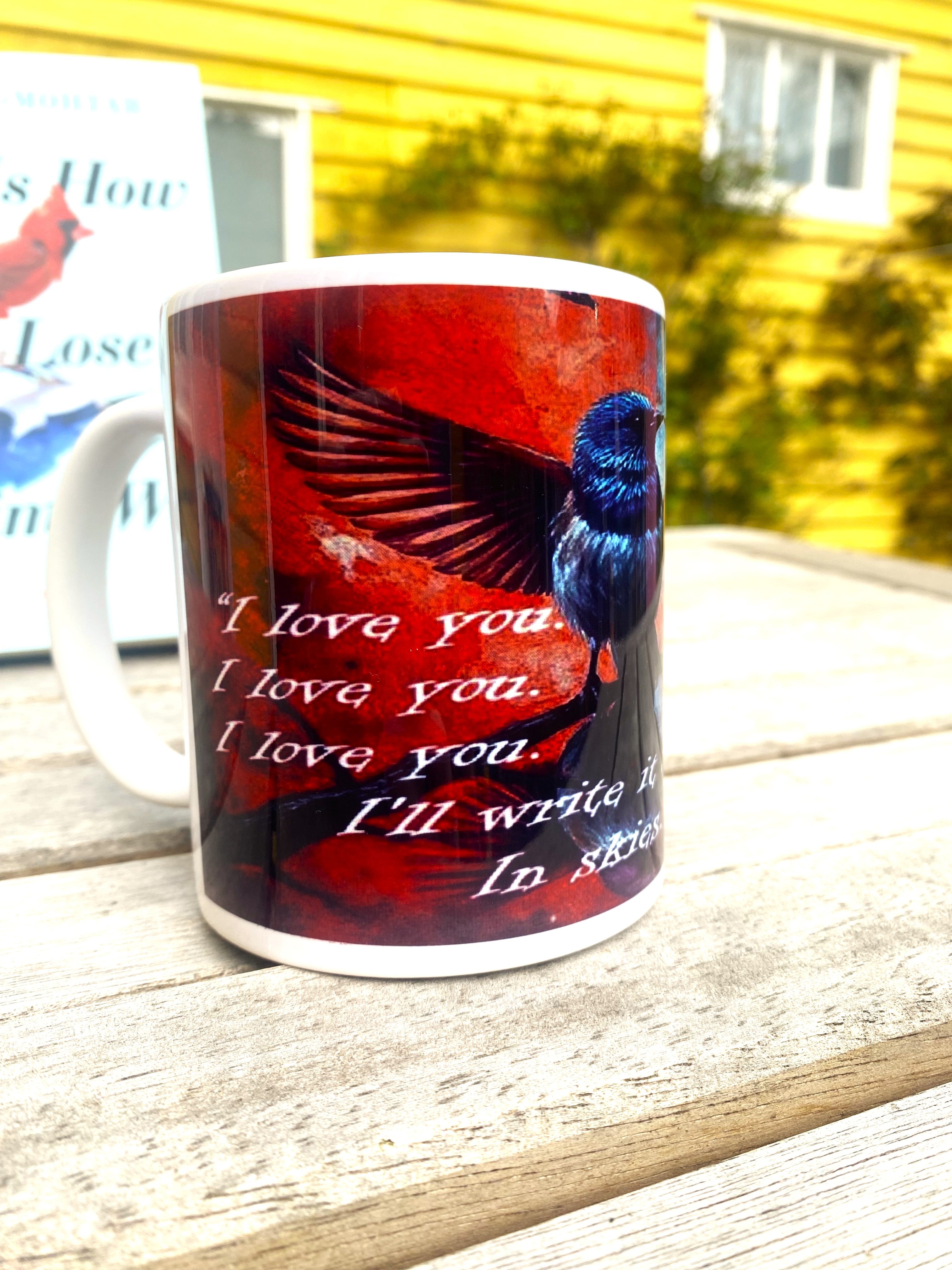 This is How You Lose the Time War inspired printed mug, from original art work, striking red-and-blue bird illustration, quote