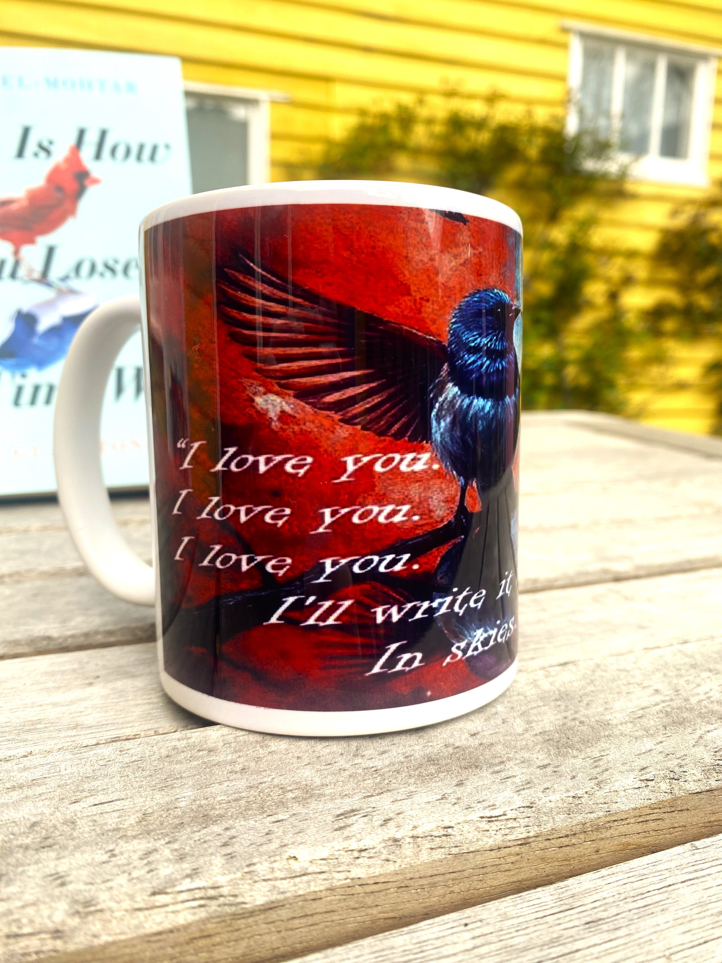 This is How You Lose the Time War inspired printed mug, from original art work, striking red-and-blue bird illustration, quote
