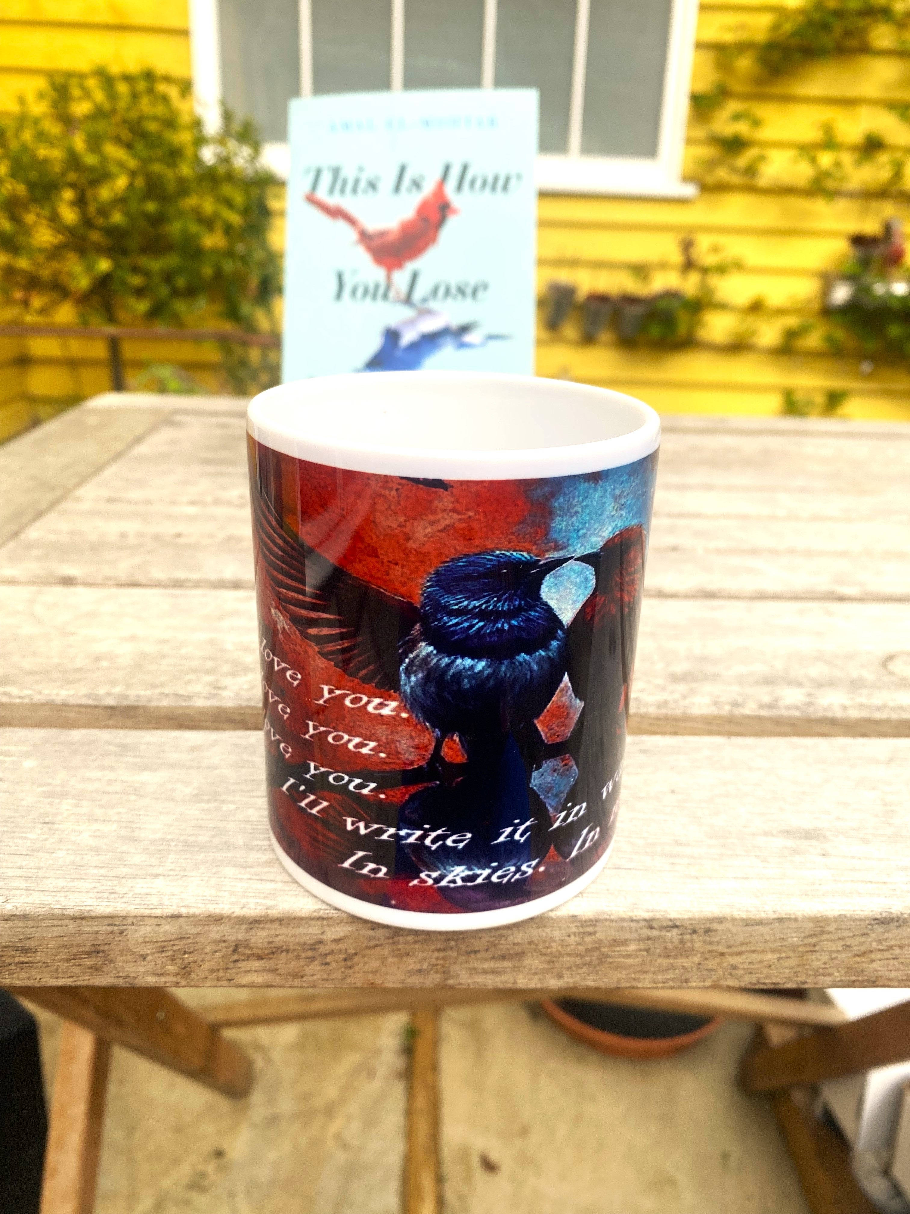 This is How You Lose the Time War inspired printed mug, from original art work, striking red-and-blue bird illustration, quote