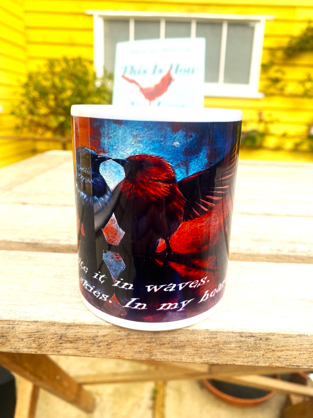 This is How You Lose the Time War inspired printed mug, from original art work, striking red-and-blue bird illustration, quote
