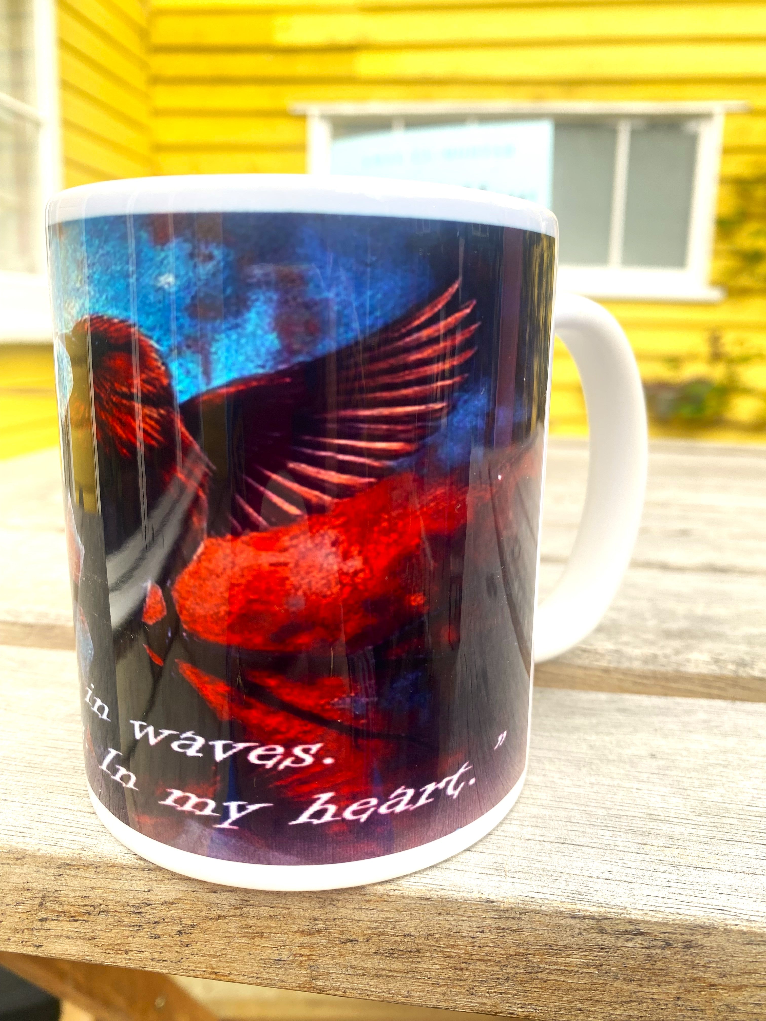 This is How You Lose the Time War inspired printed mug, from original art work, striking red-and-blue bird illustration, quote