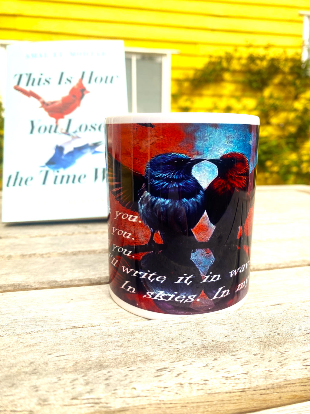 This is How You Lose the Time War inspired printed mug, from original art work, striking red-and-blue bird illustration, quote