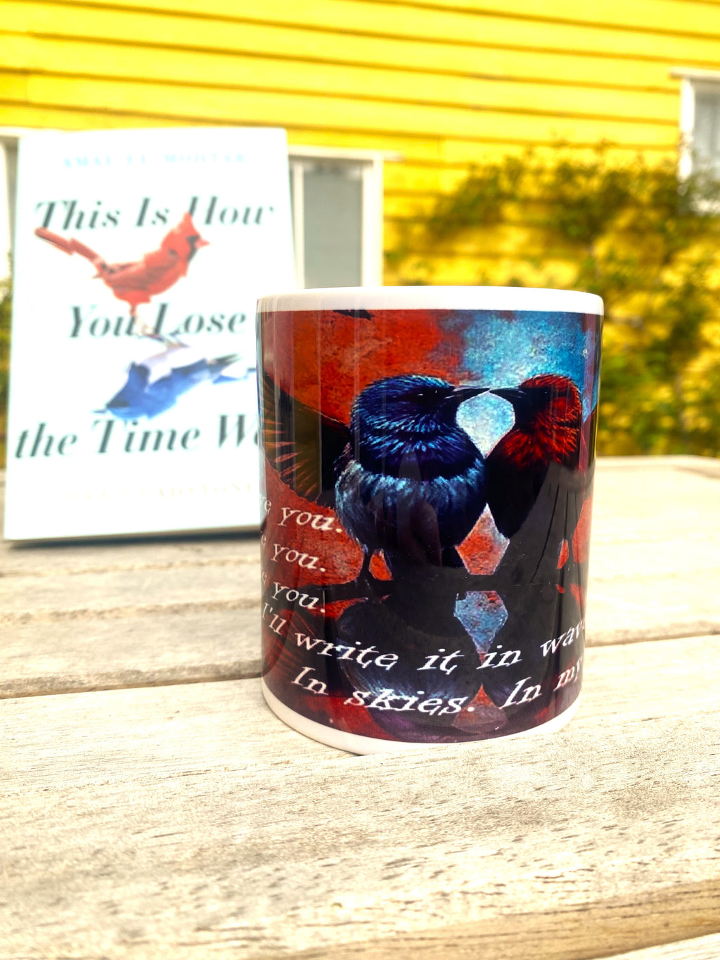 This is How You Lose the Time War inspired printed mug, from original art work, striking red-and-blue bird illustration, quote