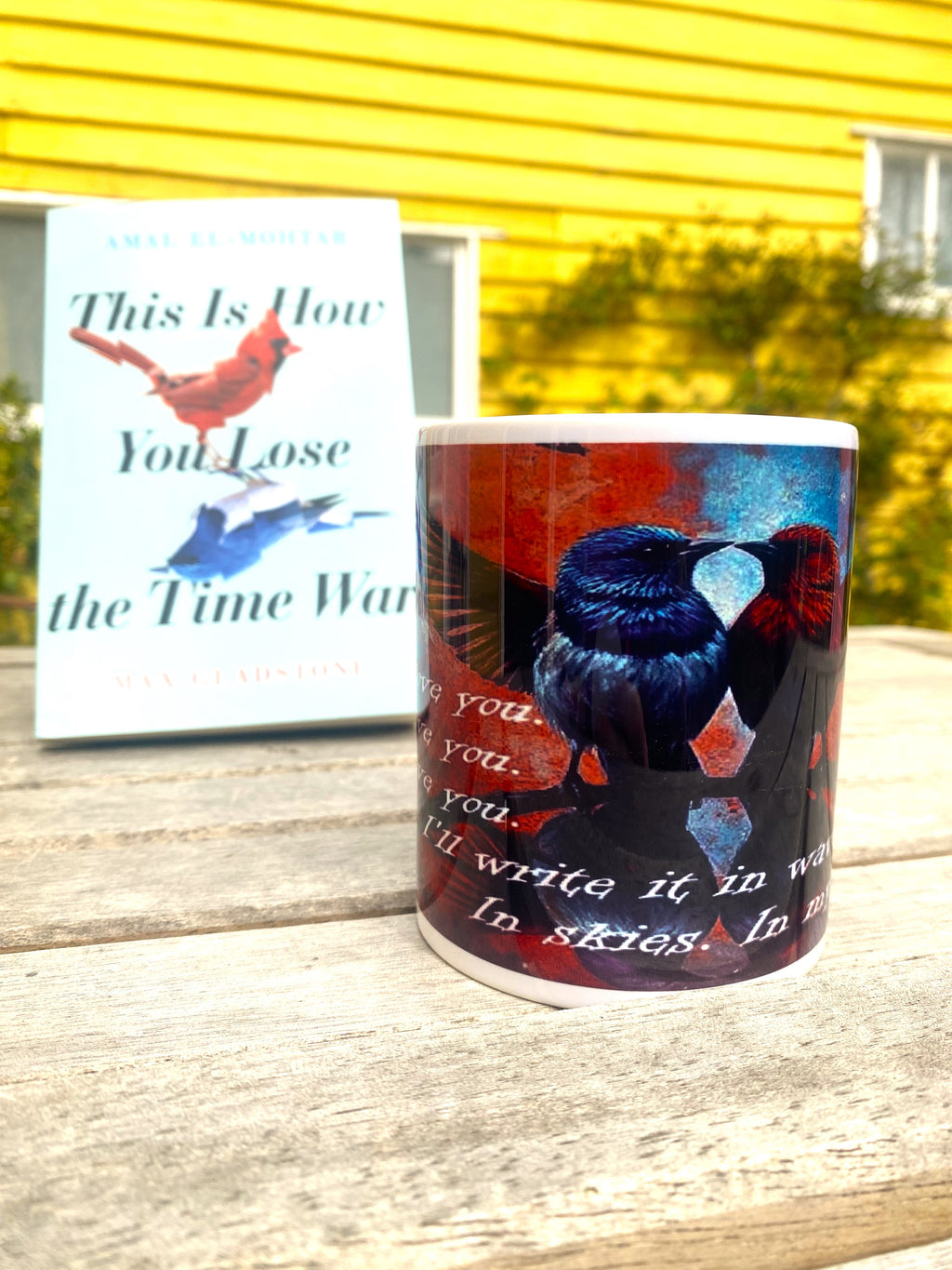 This is How You Lose the Time War inspired printed mug, from original art work, striking red-and-blue bird illustration, quote