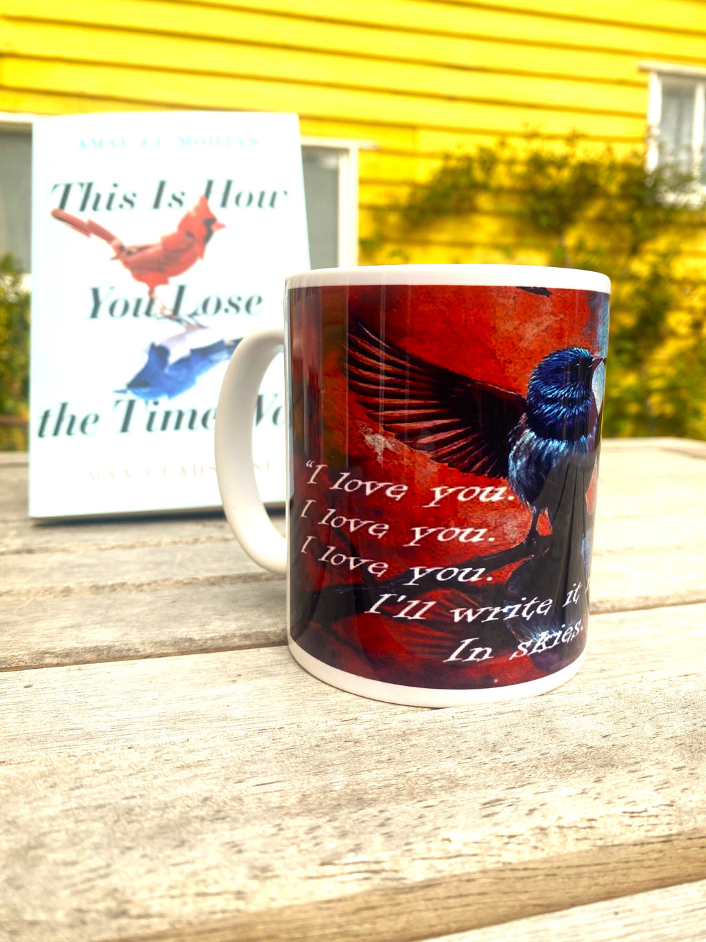 This is How You Lose the Time War inspired printed mug, from original art work, striking red-and-blue bird illustration, quote