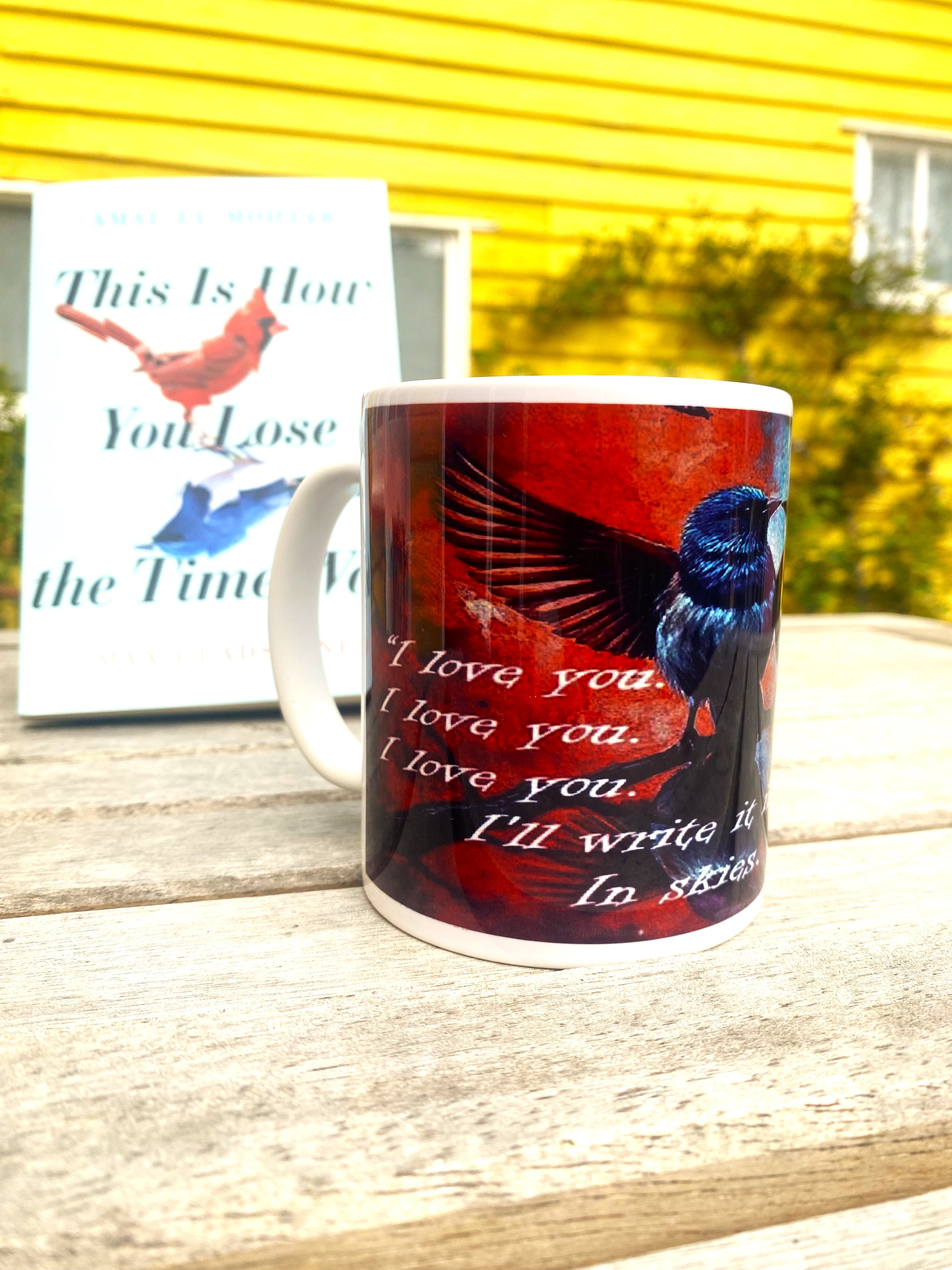 This is How You Lose the Time War inspired printed mug, from original art work, striking red-and-blue bird illustration, quote