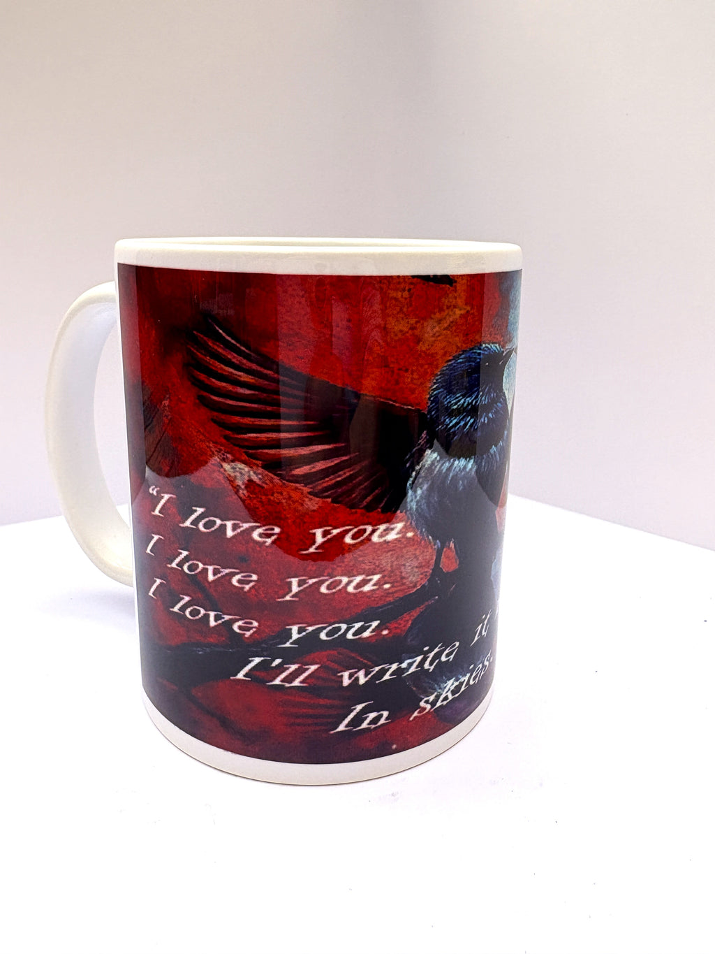 This is How You Lose the Time War inspired printed mug, from original art work, striking red-and-blue bird illustration, quote