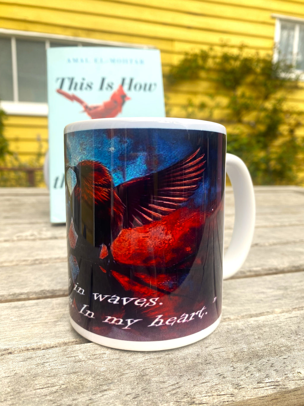 This is How You Lose the Time War inspired printed mug, from original art work, striking red-and-blue bird illustration, quote