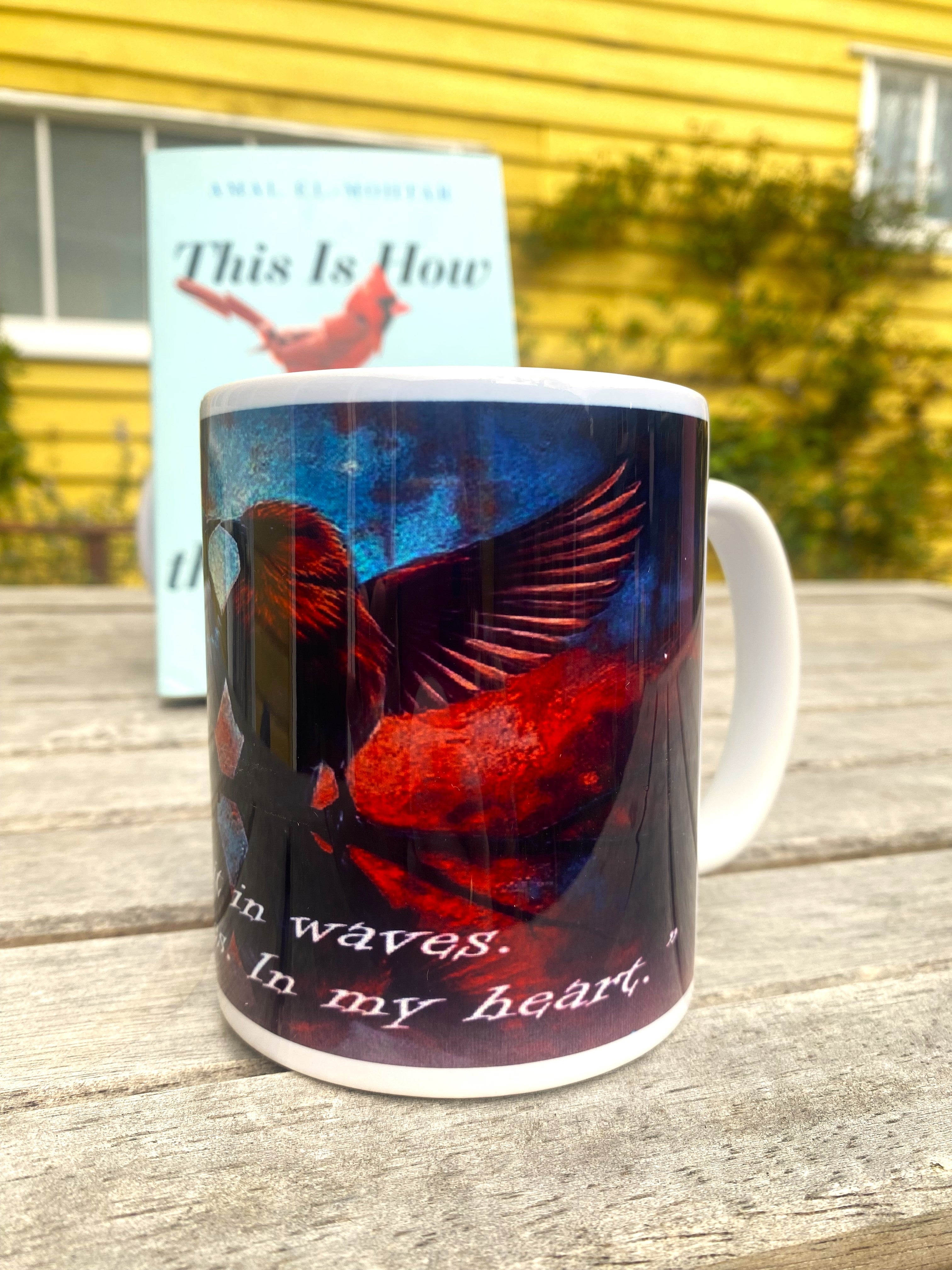 This is How You Lose the Time War inspired printed mug, from original art work, striking red-and-blue bird illustration, quote