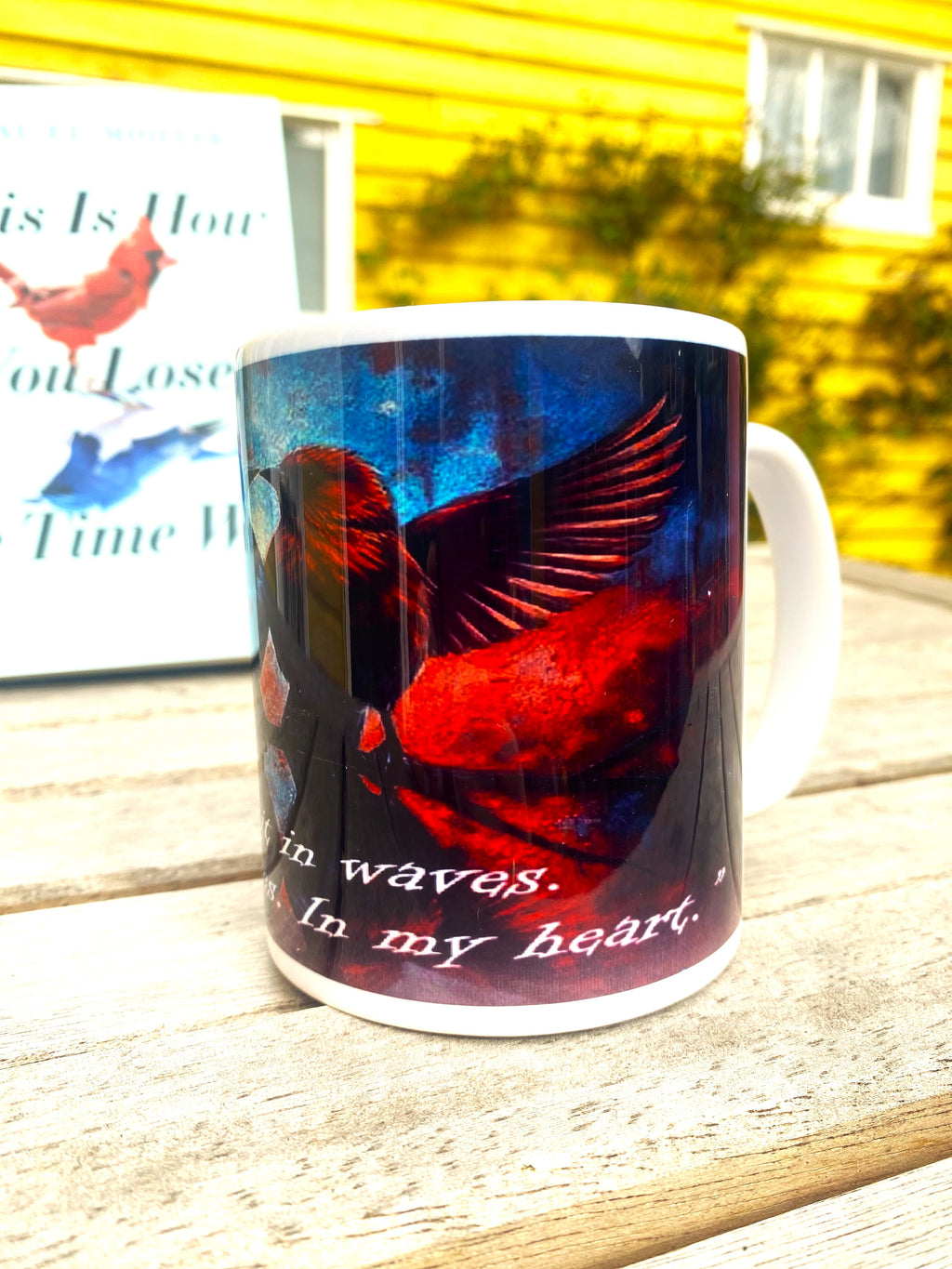 This is How You Lose the Time War inspired printed mug, from original art work, striking red-and-blue bird illustration, quote
