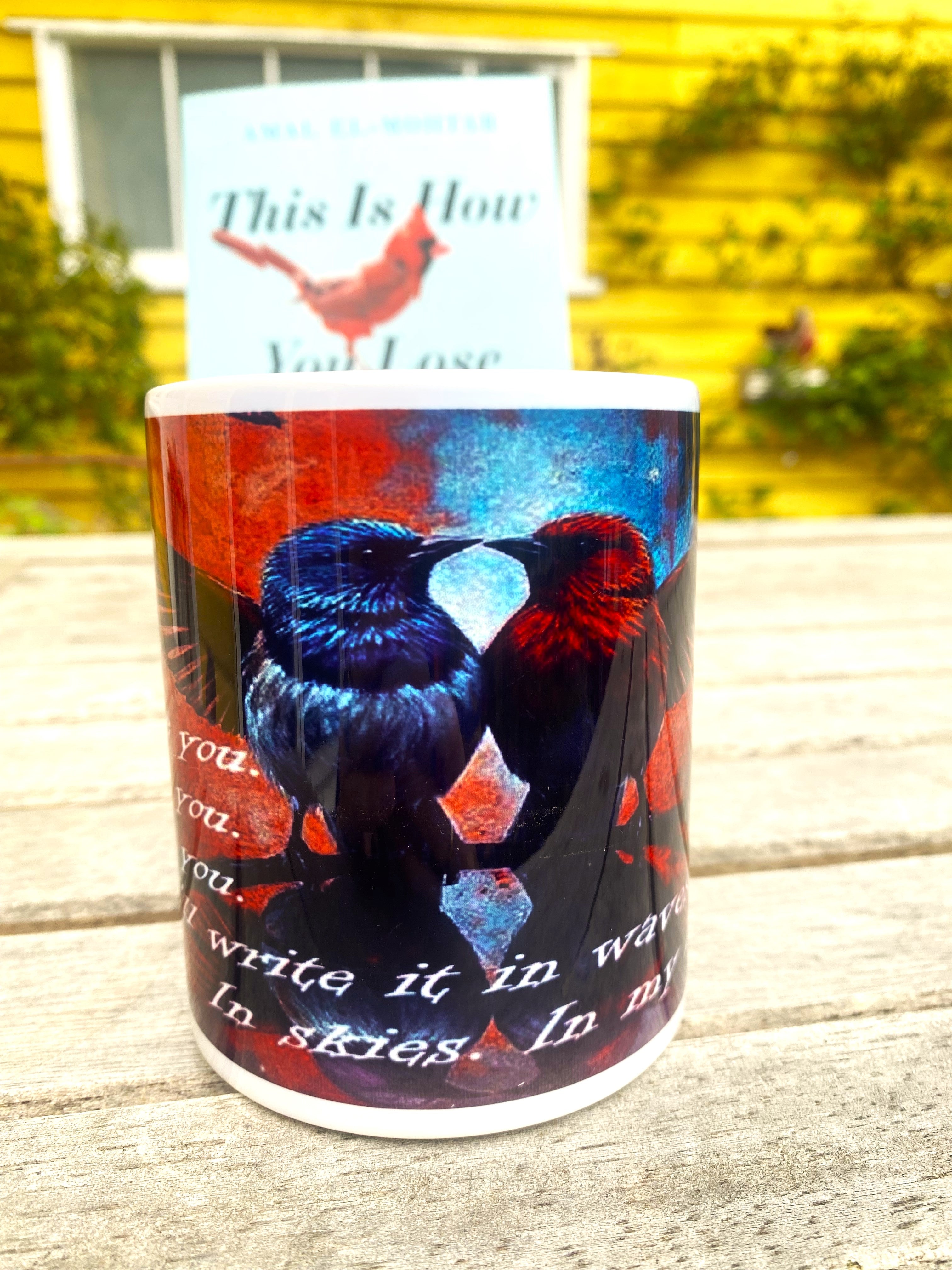 This is How You Lose the Time War inspired printed mug, from original art work, striking red-and-blue bird illustration, quote