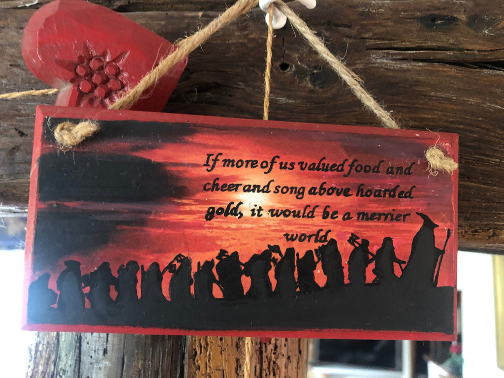 Hand‑Painted Wooden Plaque – “Food, Cheer & Song” The Hobbit inspired (6x3")