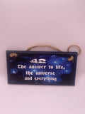 Hand‑Painted Wooden Plaque – “42 - the answer to life, the universe, and everything" Douglas Adams inspired literary sign (6x3", 7x4”, 8x4”)