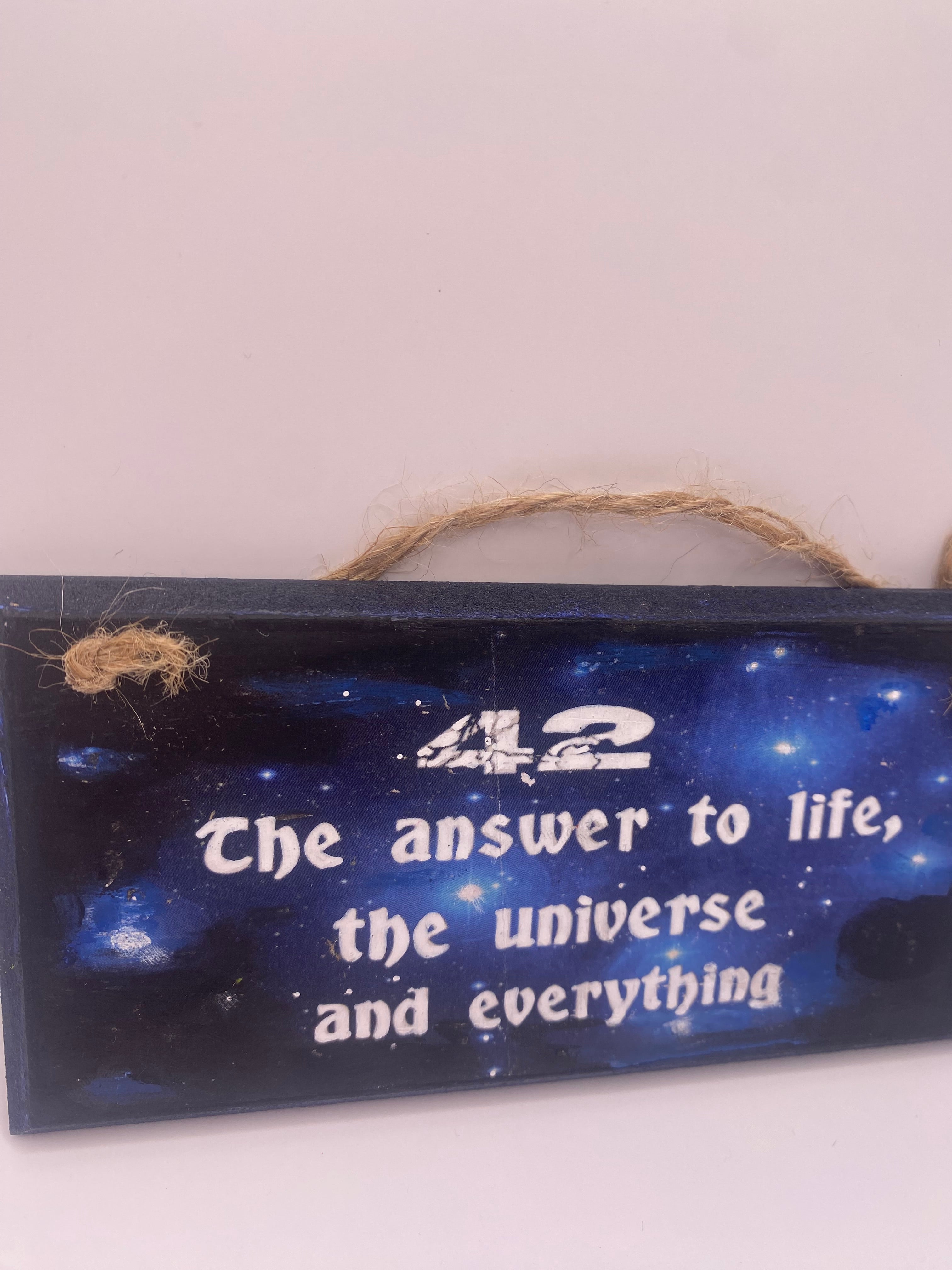 Hand‑Painted Wooden Plaque – “42 - the answer to life, the universe, and everything" Douglas Adams inspired literary sign (6x3", 7x4”, 8x4”)