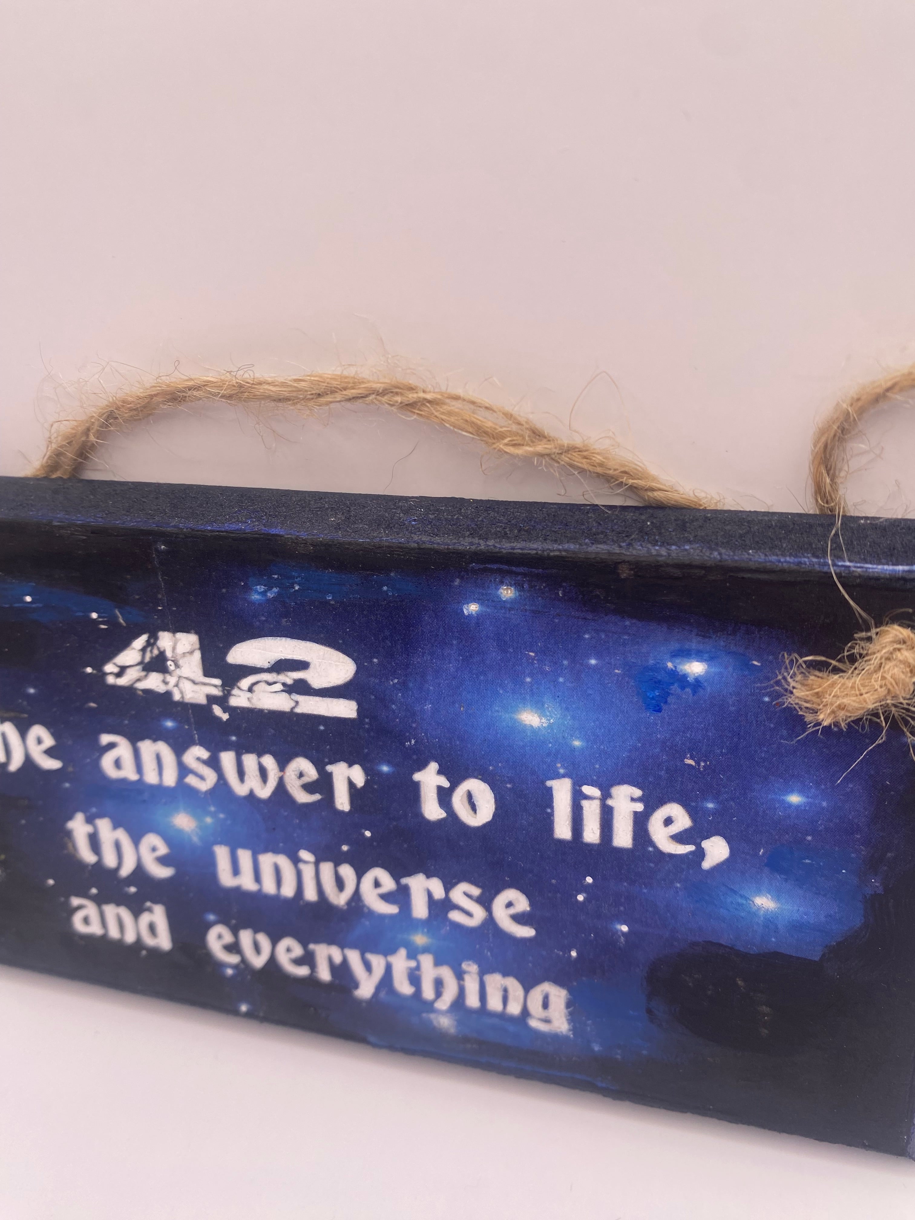 Hand‑Painted Wooden Plaque – “42 - the answer to life, the universe, and everything" Douglas Adams inspired literary sign (6x3", 7x4”, 8x4”)