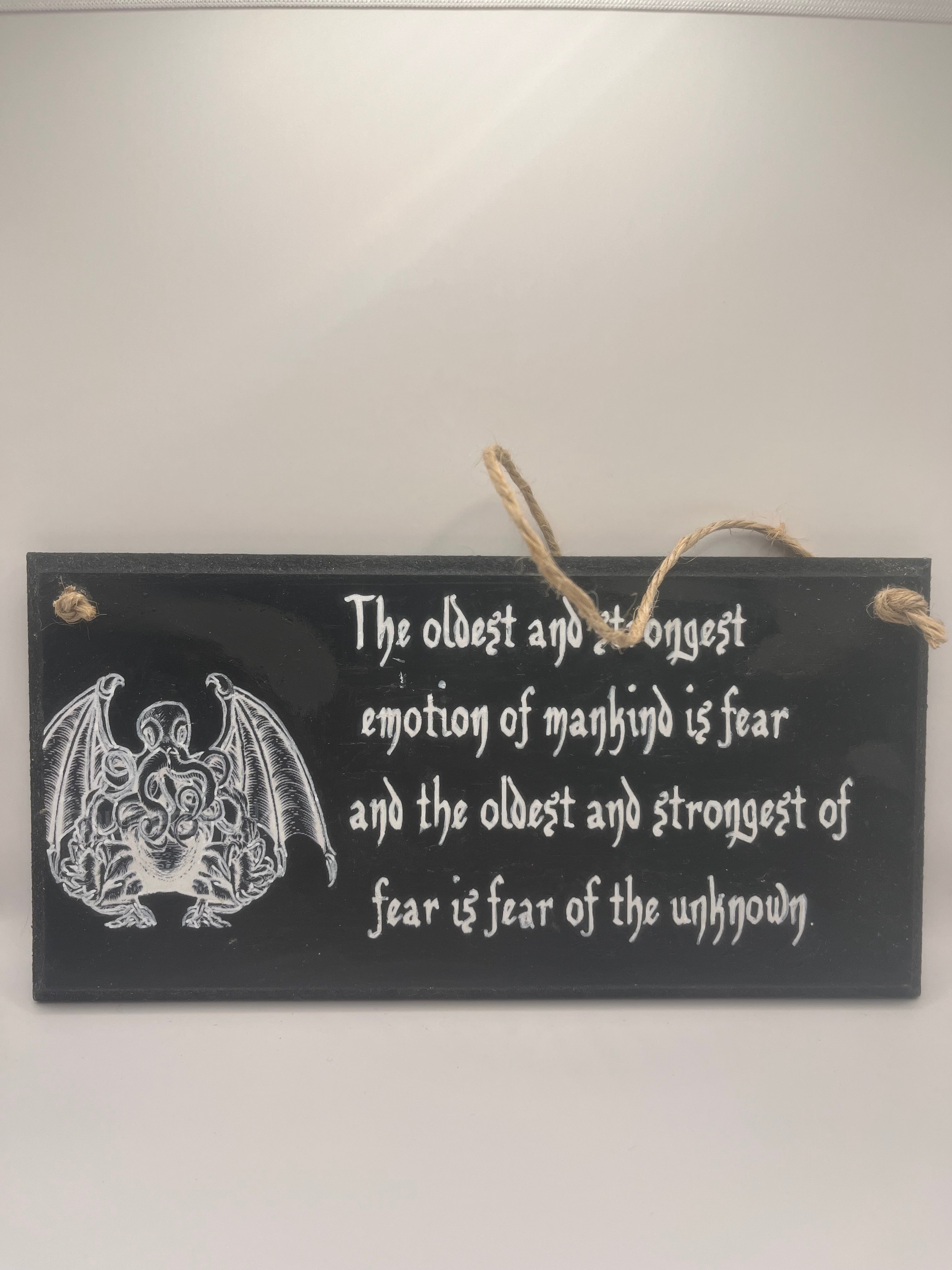 Cthulhu HP Lovecraft - Hand-Painted Plaque, “The oldest and strongest emotion...” ~ Quote Wooden Sign