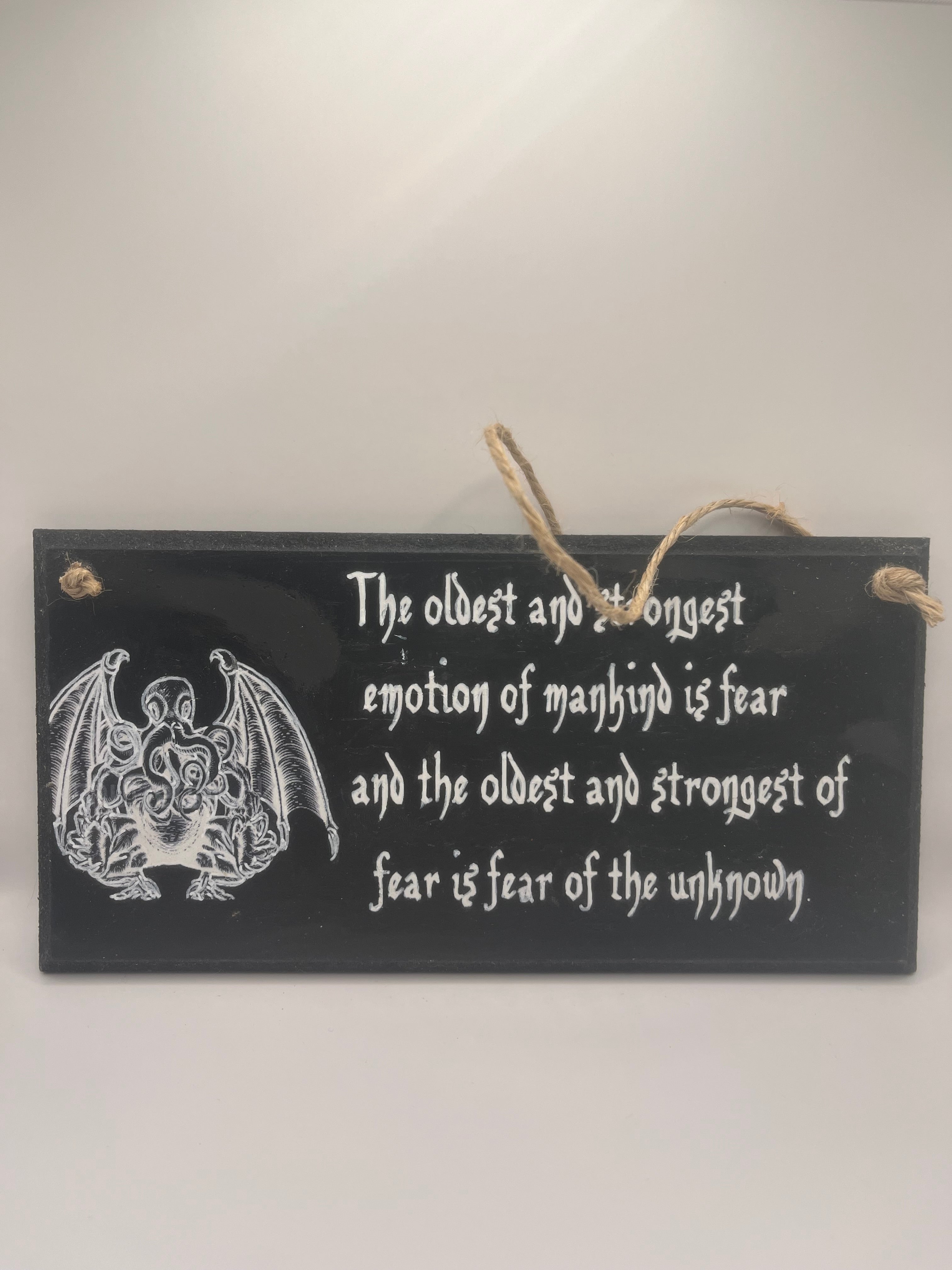 Cthulhu HP Lovecraft - Hand-Painted Plaque, “The oldest and strongest emotion...” ~ Quote Wooden Sign