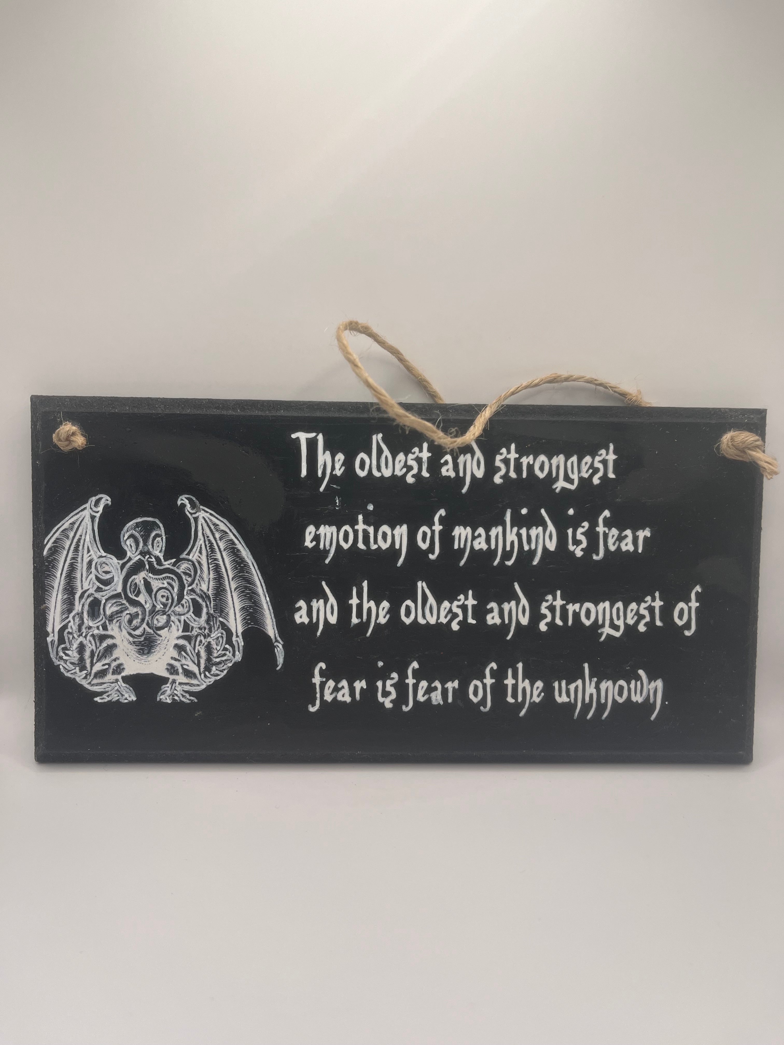 Cthulhu HP Lovecraft - Hand-Painted Plaque, “The oldest and strongest emotion...” ~ Quote Wooden Sign