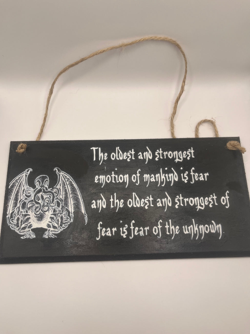 Cthulhu HP Lovecraft - Hand-Painted Plaque, “The oldest and strongest emotion...” ~ Quote Wooden Sign
