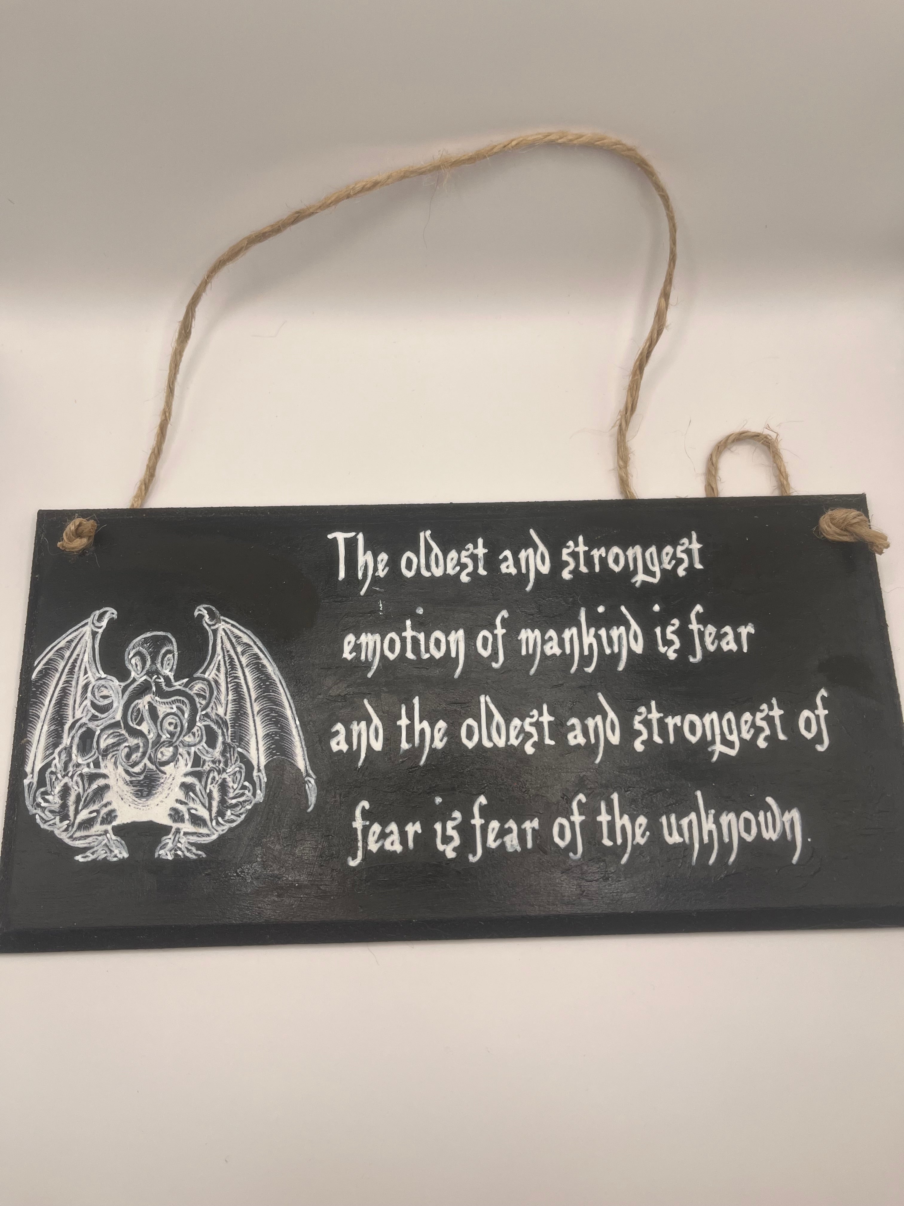Cthulhu HP Lovecraft - Hand-Painted Plaque, “The oldest and strongest emotion...” ~ Quote Wooden Sign