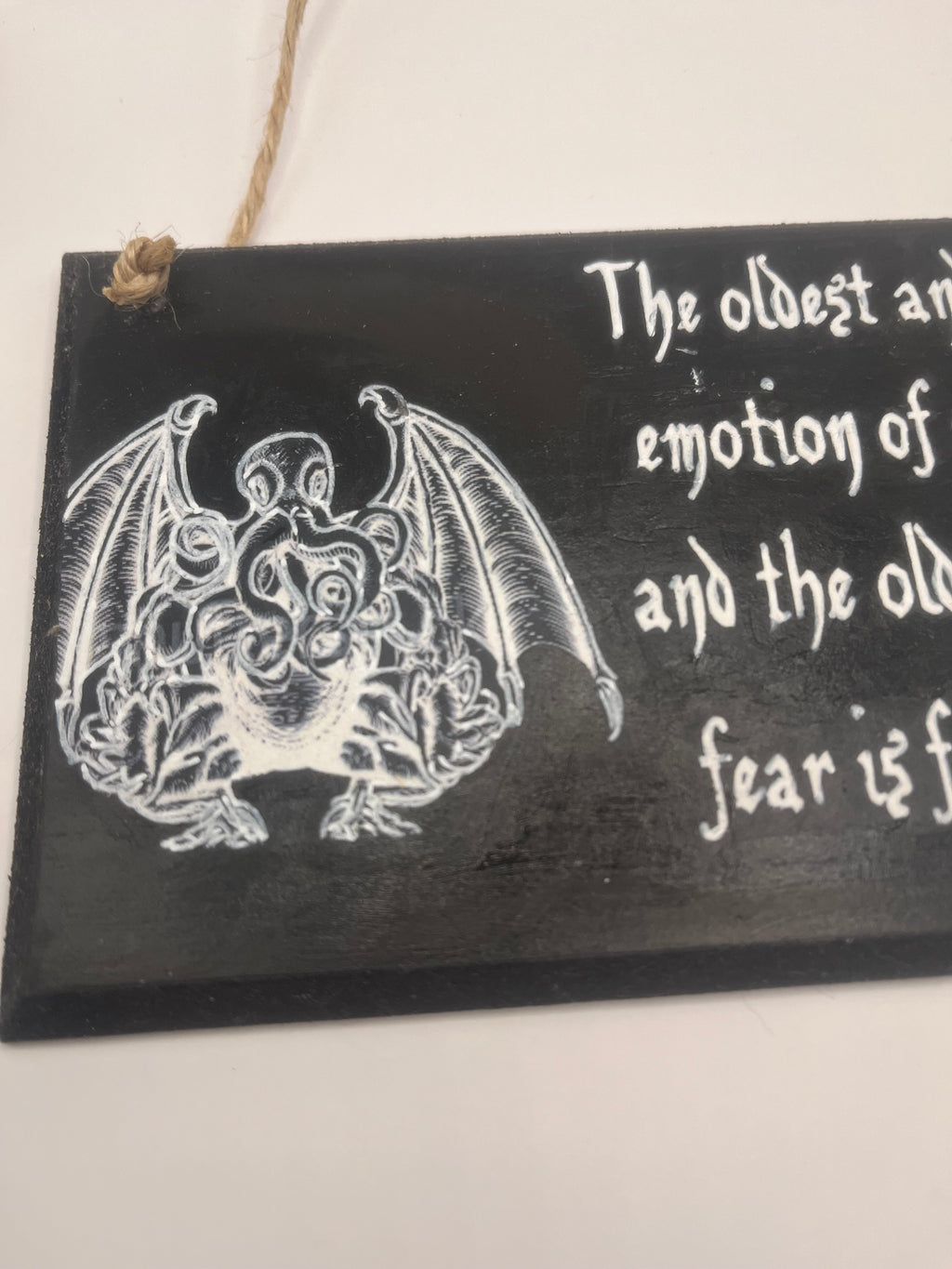 Cthulhu HP Lovecraft - Hand-Painted Plaque, “The oldest and strongest emotion...” ~ Quote Wooden Sign