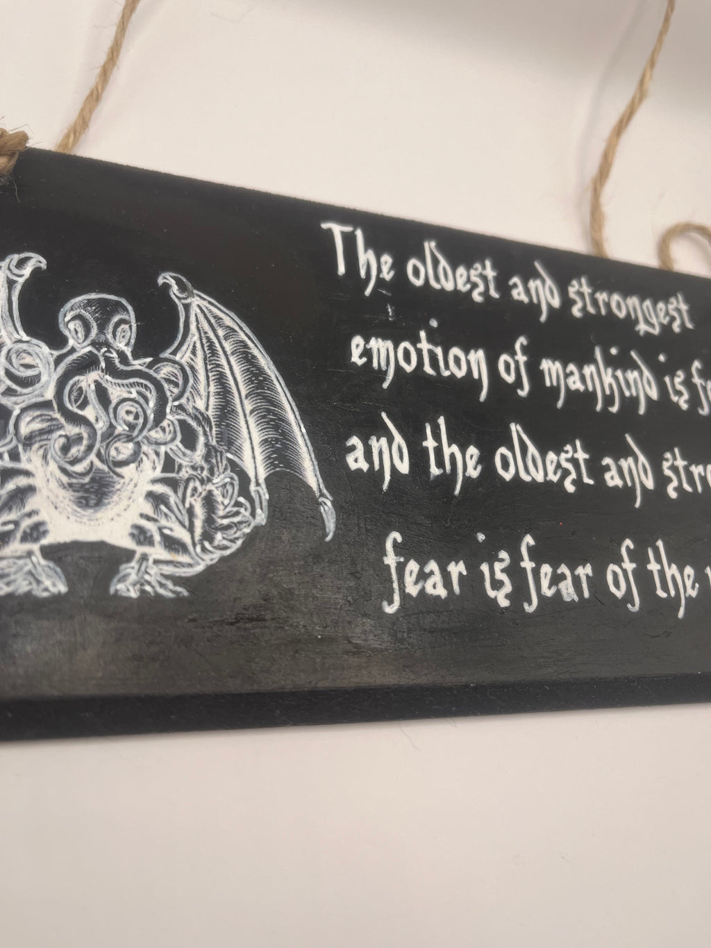 Cthulhu HP Lovecraft - Hand-Painted Plaque, “The oldest and strongest emotion...” ~ Quote Wooden Sign