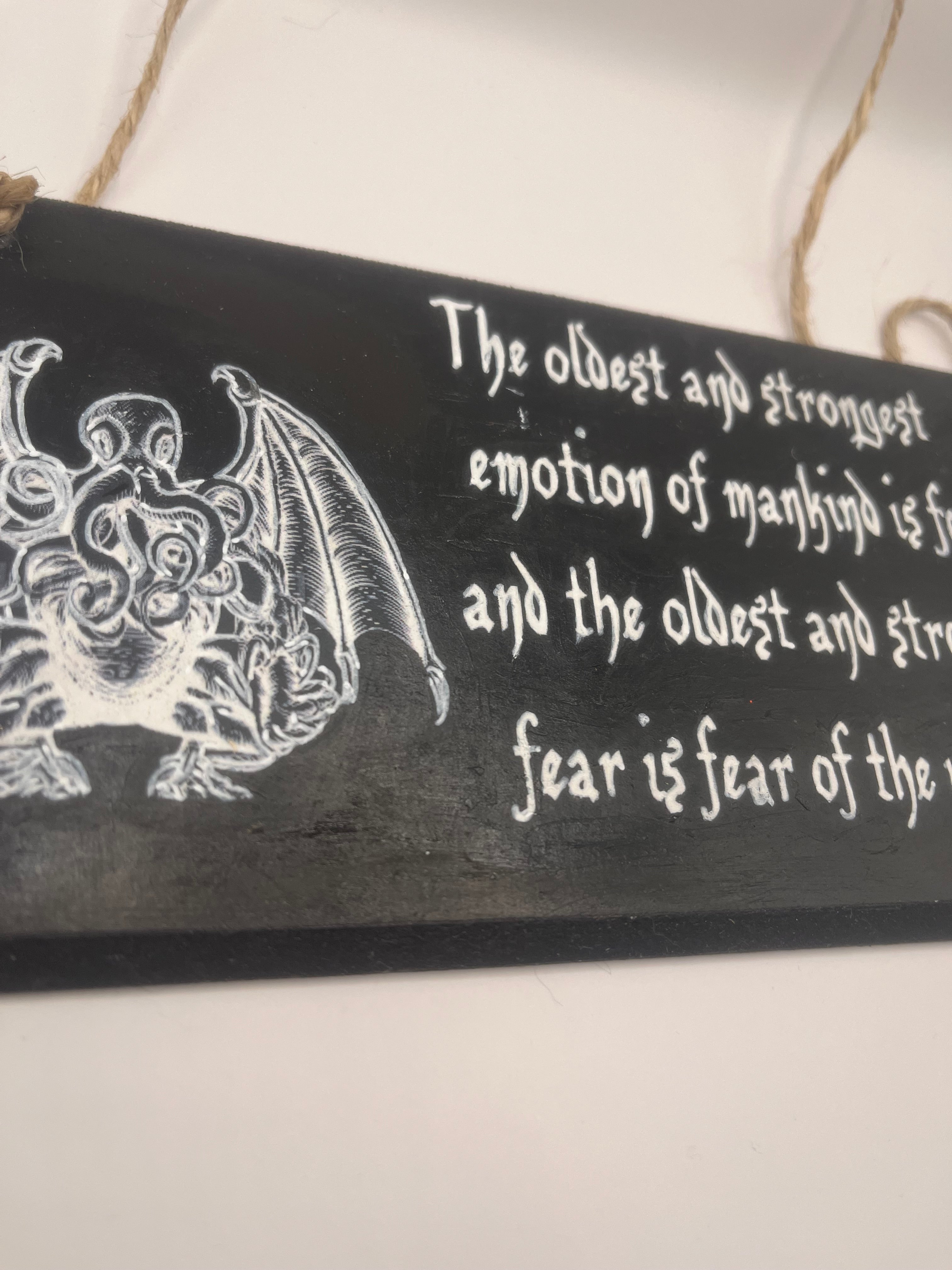 Cthulhu HP Lovecraft - Hand-Painted Plaque, “The oldest and strongest emotion...” ~ Quote Wooden Sign