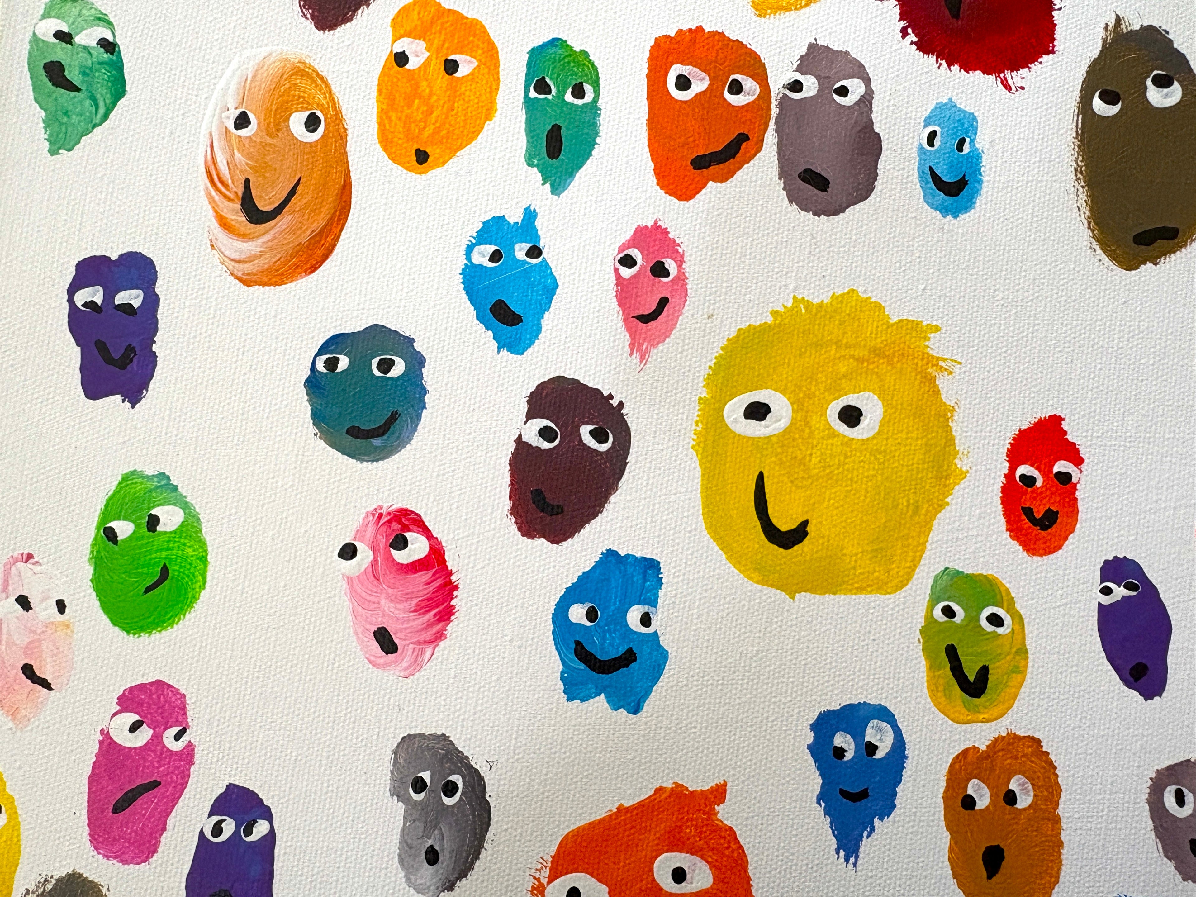 Ode to Joy! - multicoloured smiling faces, Large chunky original Acrylic painting 102 x 102 x 4cm