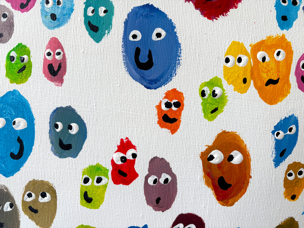 Ode to Joy! - multicoloured smiling faces, Large chunky original Acrylic painting 102 x 102 x 4cm