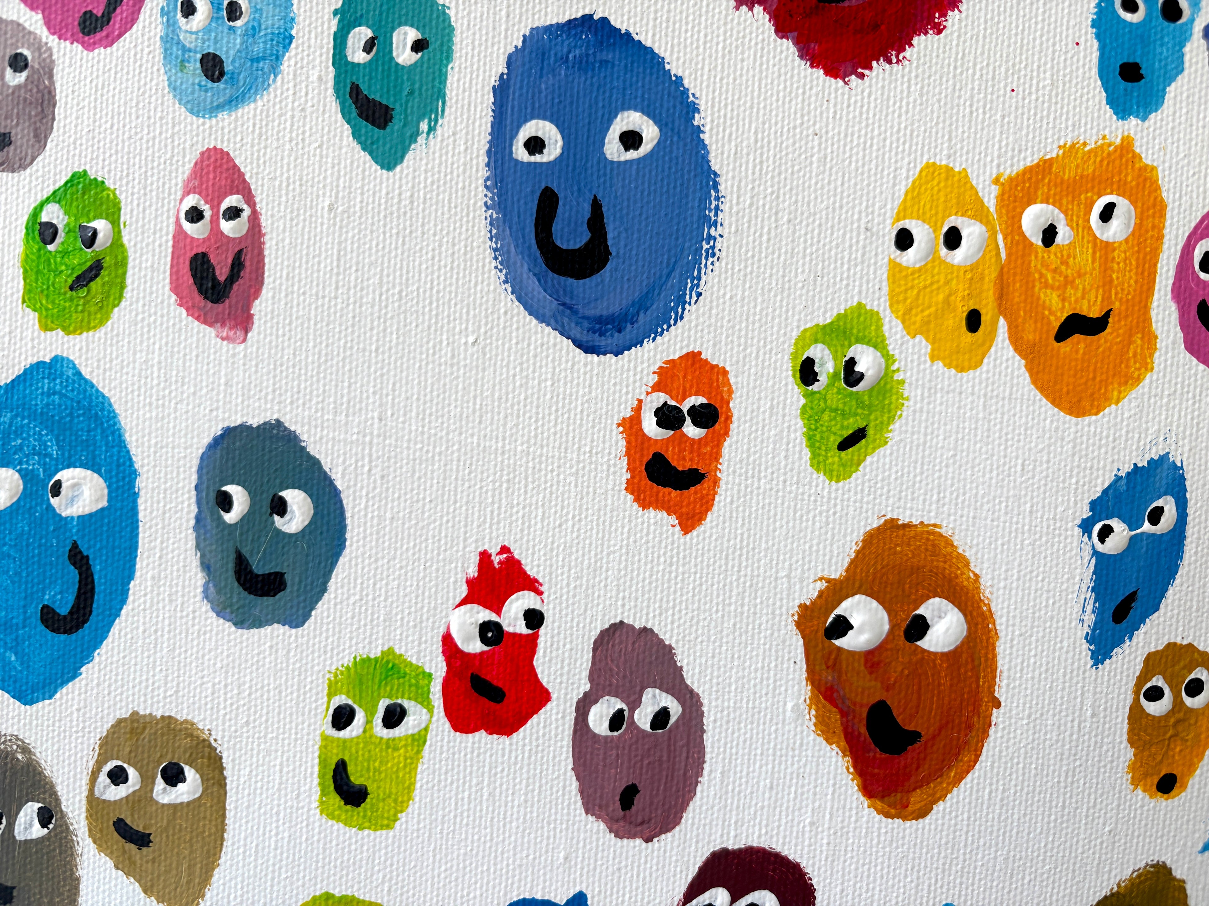 Ode to Joy! - multicoloured smiling faces, Large chunky original Acrylic painting 102 x 102 x 4cm