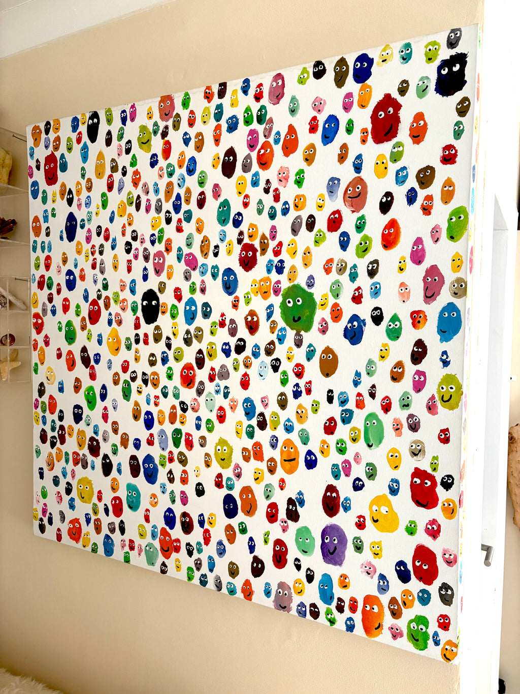 Ode to Joy! - multicoloured smiling faces, Large chunky original Acrylic painting 102 x 102 x 4cm